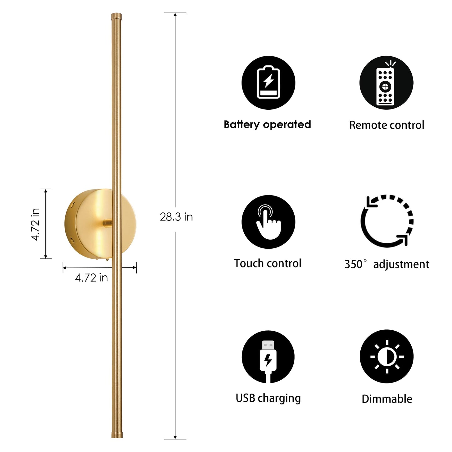 KARTOOSH Battery Operated Wall Sconces with Remote Control, Dimmable Wall Sconces Set of Two, 350°Rotate, 3000K LED Gold Wireless Wall Light for Living Room, Bedroom, Hallway, 28.3 Inch (2 Pack)