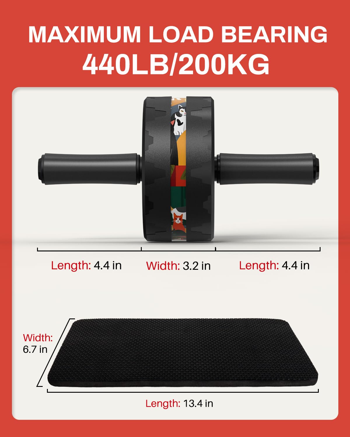 VINSGUIR Ab Roller Wheel, Abs & Core Workout Equipment for Home Gym with Knee Pad Accessories, Abdominal Wheel for Full-body Strength Training (Cat Print)