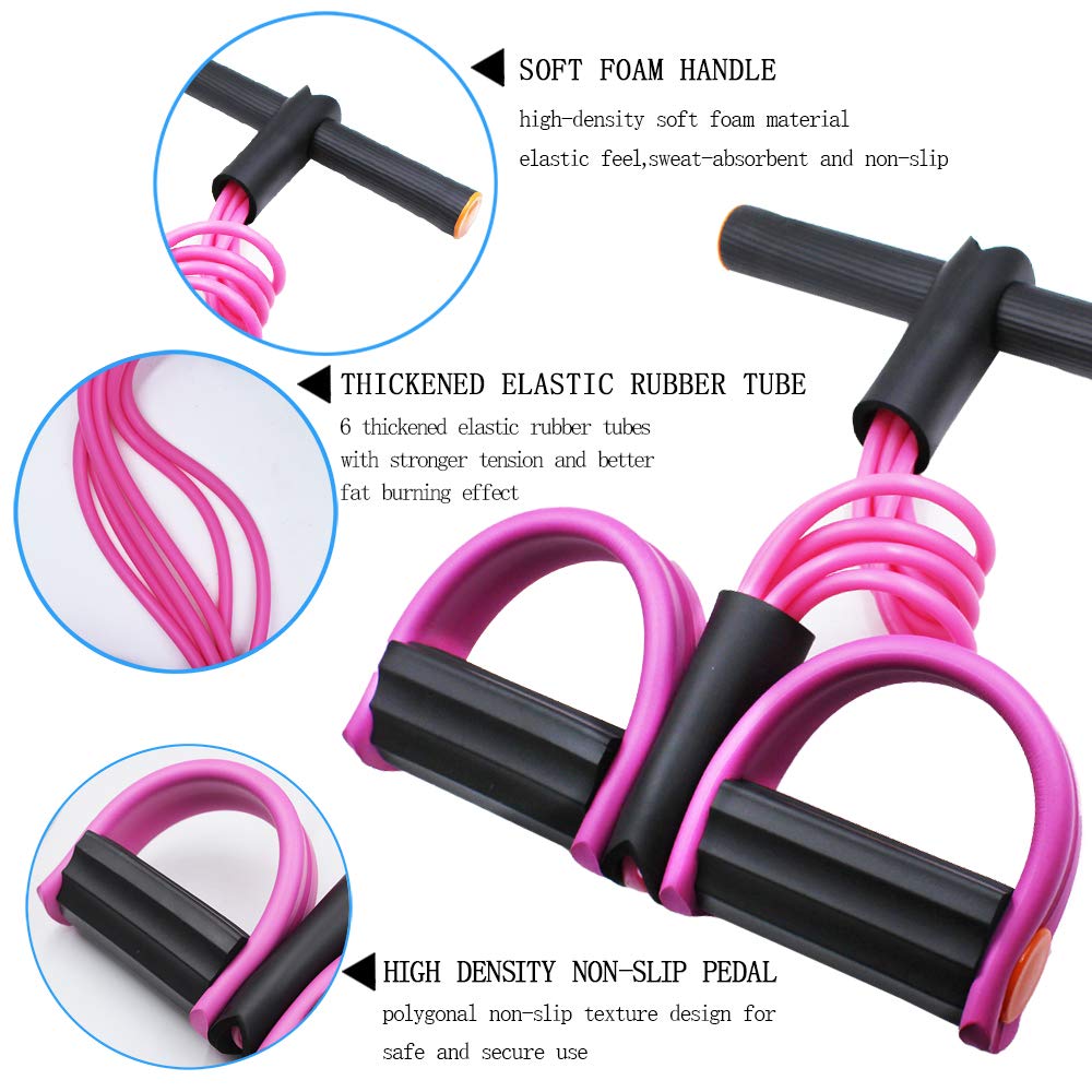 FateFan Multifunction Tension Rope, 6-Tube Elastic Yoga Pedal Puller Resistance Band, Natural Latex Tension Rope Fitness Equipment, for Abdomen/Waist/Arm/Leg Stretching Slimming Training (Pink)