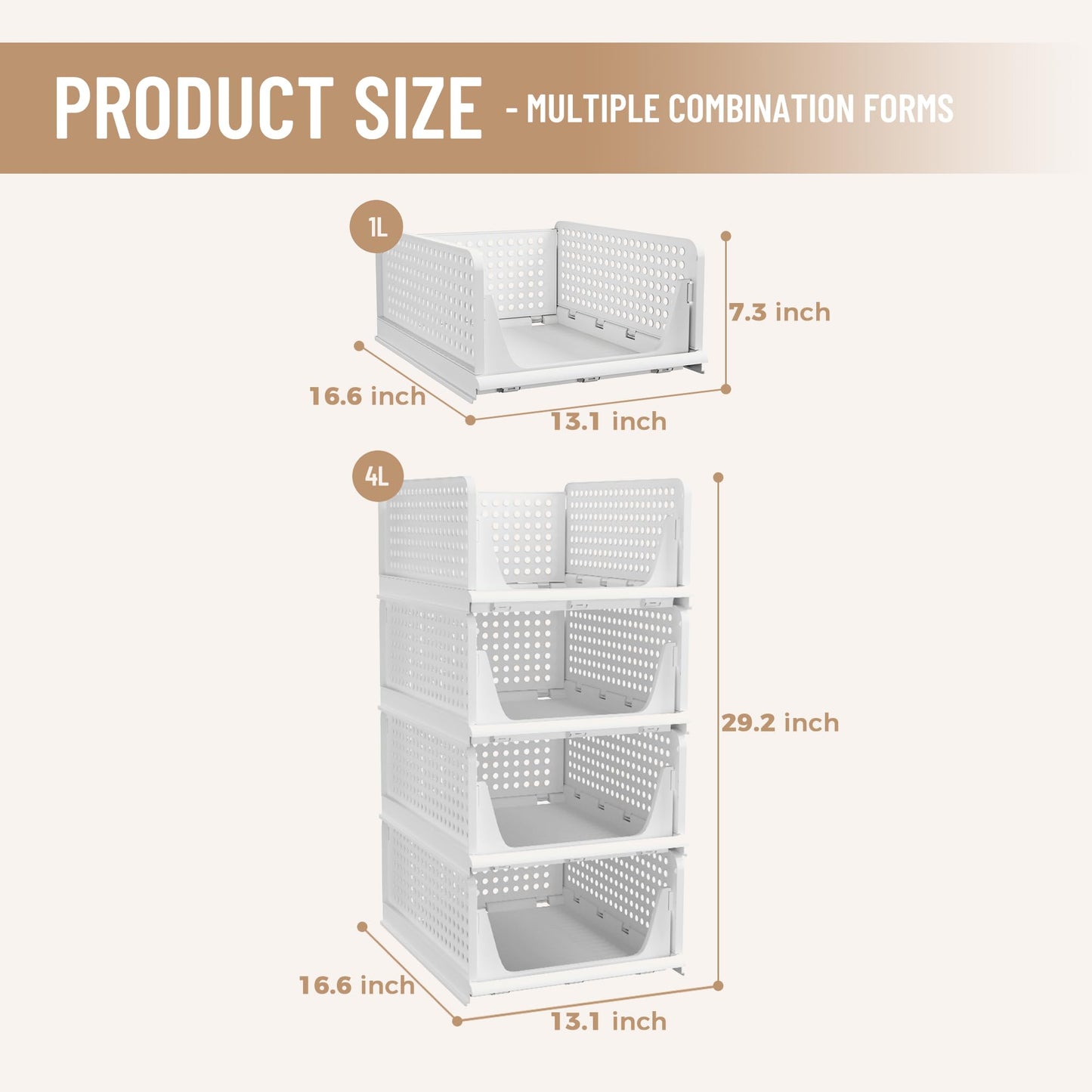 Pinkpum Stackable Plastic Storage Basket, Foldable Closet Organizers and Storage Bins 4 Pack Drawer Shelf Storage Container for Wardrobe Kitchen Bathroom Office Dorm White