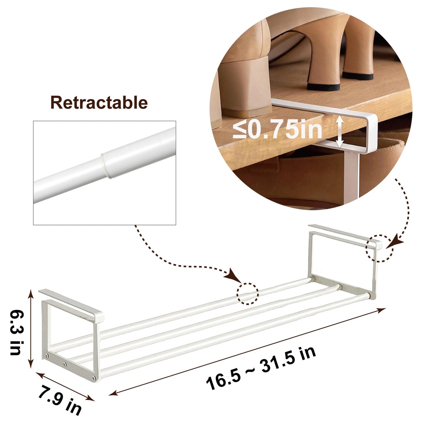HGZBS Expandable Shoe Rack Organizer - Adjustable Shoe Rack & Under Cabinet Shelf - for Shoe or Clothing Storage and Organization, Under Shelf Storage (White,1 Pcs)