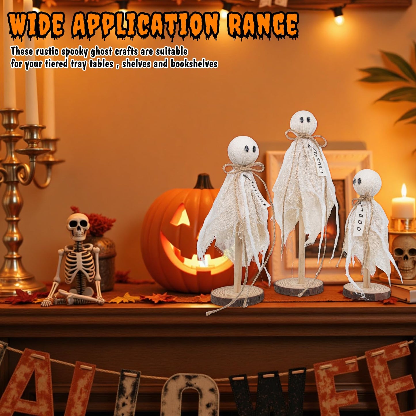 Wooden Ghost Halloween Decorations Indoor– Set of 3 Sizes Rustic Shelf Sitters with Fabric Ghost Figures – Halloween Table Decor for Tiered Tray, Mantel, Halloween Party Supplies(White)