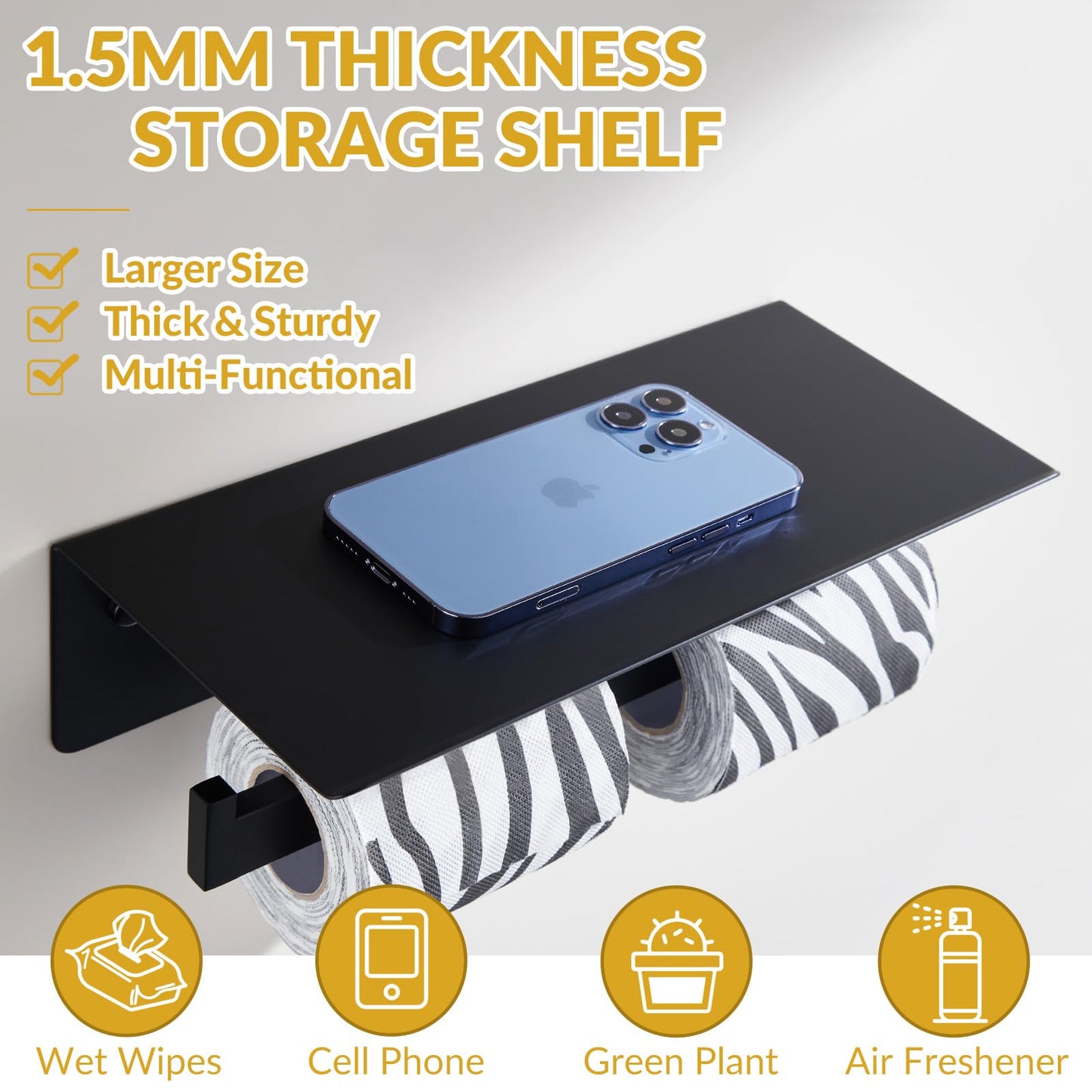 APLusee Matte Black Double Toilet Paper Holder with Shelf, 304 Stainless Steel Bathroom Tissue Roll Holder, Commercial Paper Dispenser Wall Mounted