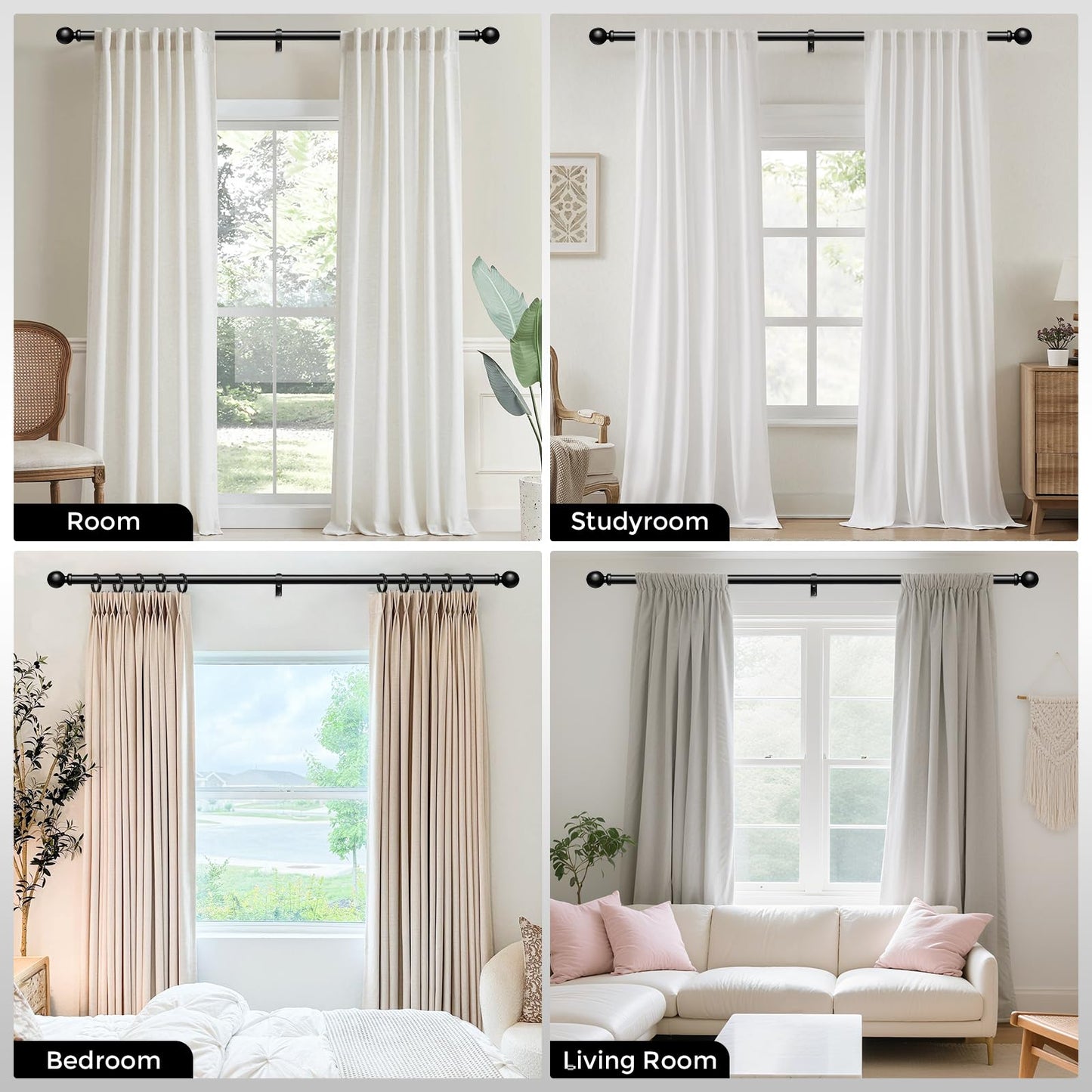 Black Curtain Rods for Windows 48 to 84 Inch, Adjustable Heavy Duty 1" Diameter Decorative Curtain Rod with Matte Black Round Finials, Modern Easy Install Extendable Metal Drapery Pole Set