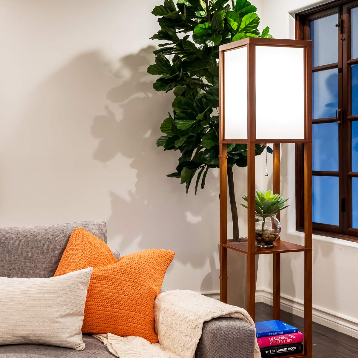 Brightech Maxwell - Modern Shelf Floor Lamp with Lamp Shade and LED Bulb - Corner Display Floor Lamps with Shelves for Living Room, Bedroom and Office - Havana Brown