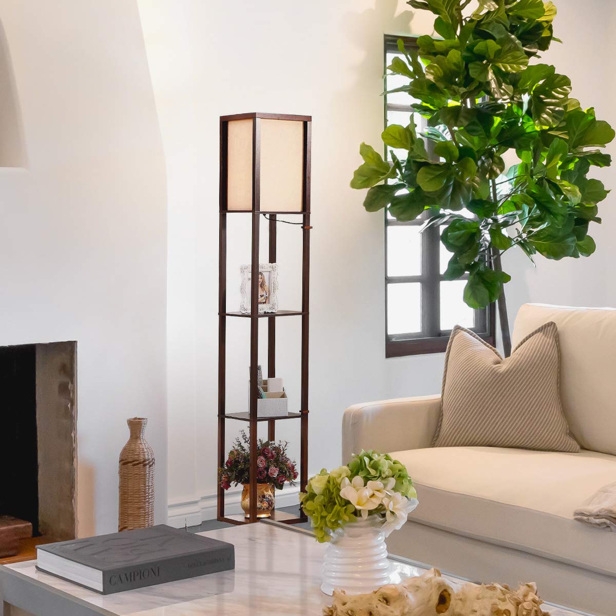 Brightech Maxwell - Modern Shelf Floor Lamp with Lamp Shade and LED Bulb - Corner Display Floor Lamps with Shelves for Living Room, Bedroom and Office - Havana Brown