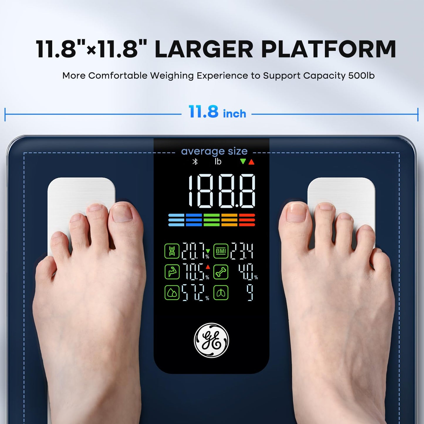 GE Scale for Body Weight Smart: Digital Bathroom Body Fat Scales 500lbs for BMI Muscle Bluetooth Smart Weight Monitor 11.8" Large Platform Weighing Machine Health Analyzer with App Dark Blue