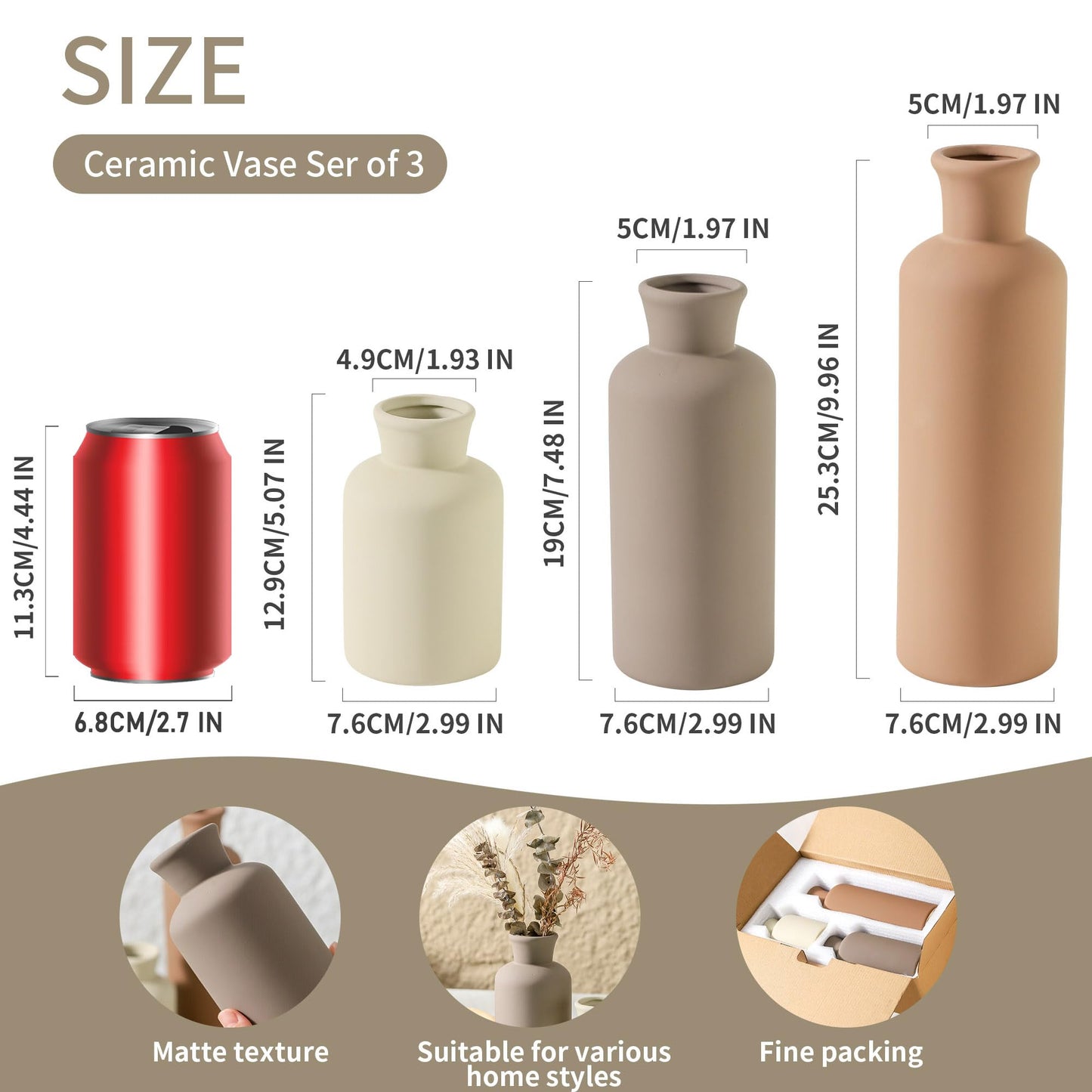 Ceramic Vase Set of 3, Flowers Neutral Modern Vases Home Decor Rustic Farmhouse Decor Pampas Vase for Table Mantel Entryway Shelf Living Room Kitchen Bathroom - Brown