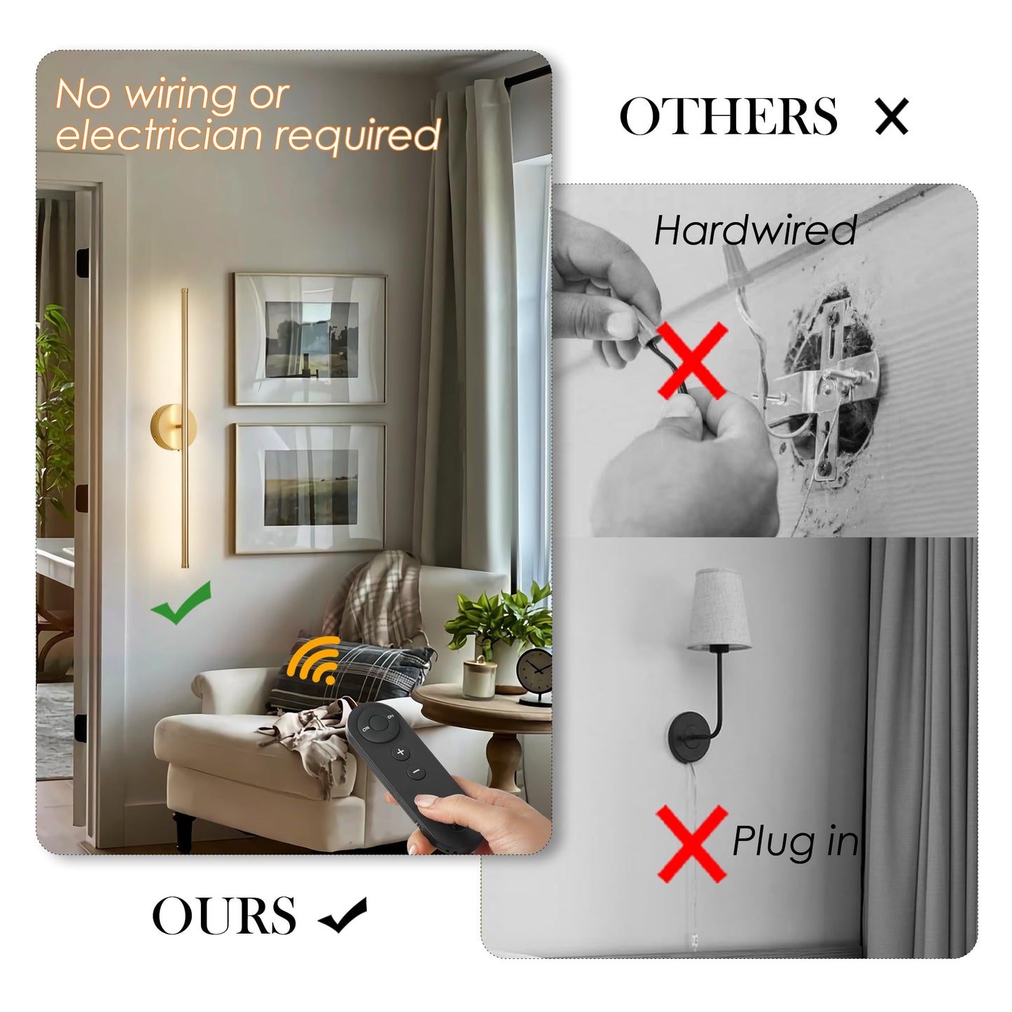 KARTOOSH Battery Operated Wall Sconces with Remote Control, Dimmable Wall Sconces Set of Two, 350°Rotate, 3000K LED Gold Wireless Wall Light for Living Room, Bedroom, Hallway, 28.3 Inch (2 Pack)