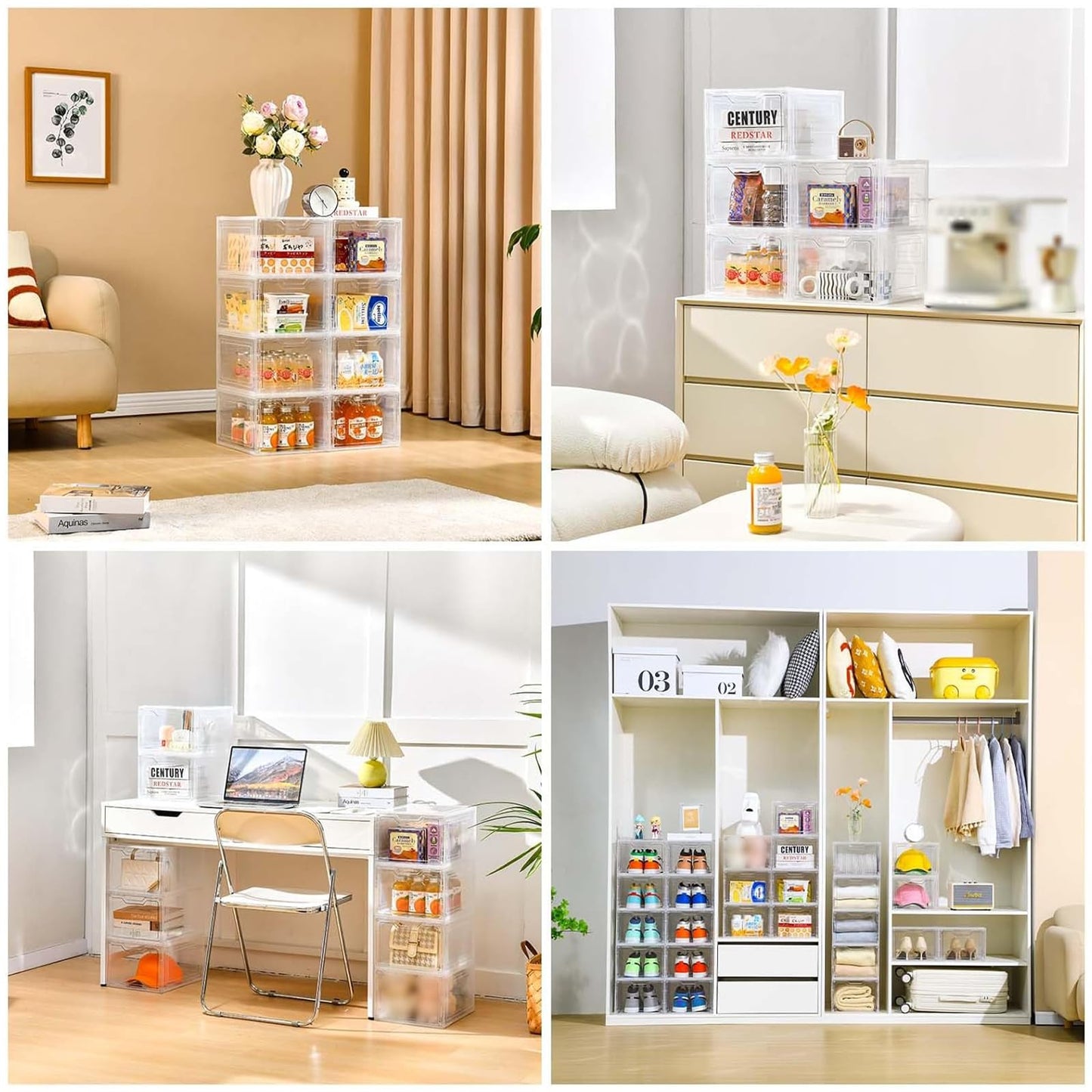 Freebat 6 Pack Closet Organizers and Storage,Clear Stackable Plastic Storage Bins with Lids Magnetic Doors,Clothes Organizers and Storage,Plastic Craft Containers for Wardrobe Kitchen Bathroom Office