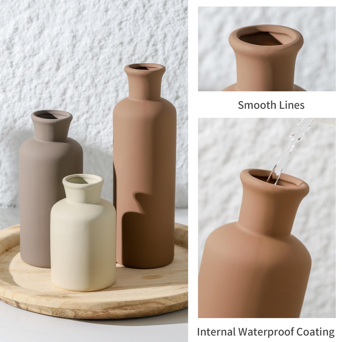 Ceramic Vase Set of 3, Flowers Neutral Modern Vases Home Decor Rustic Farmhouse Decor Pampas Vase for Table Mantel Entryway Shelf Living Room Kitchen Bathroom - Brown