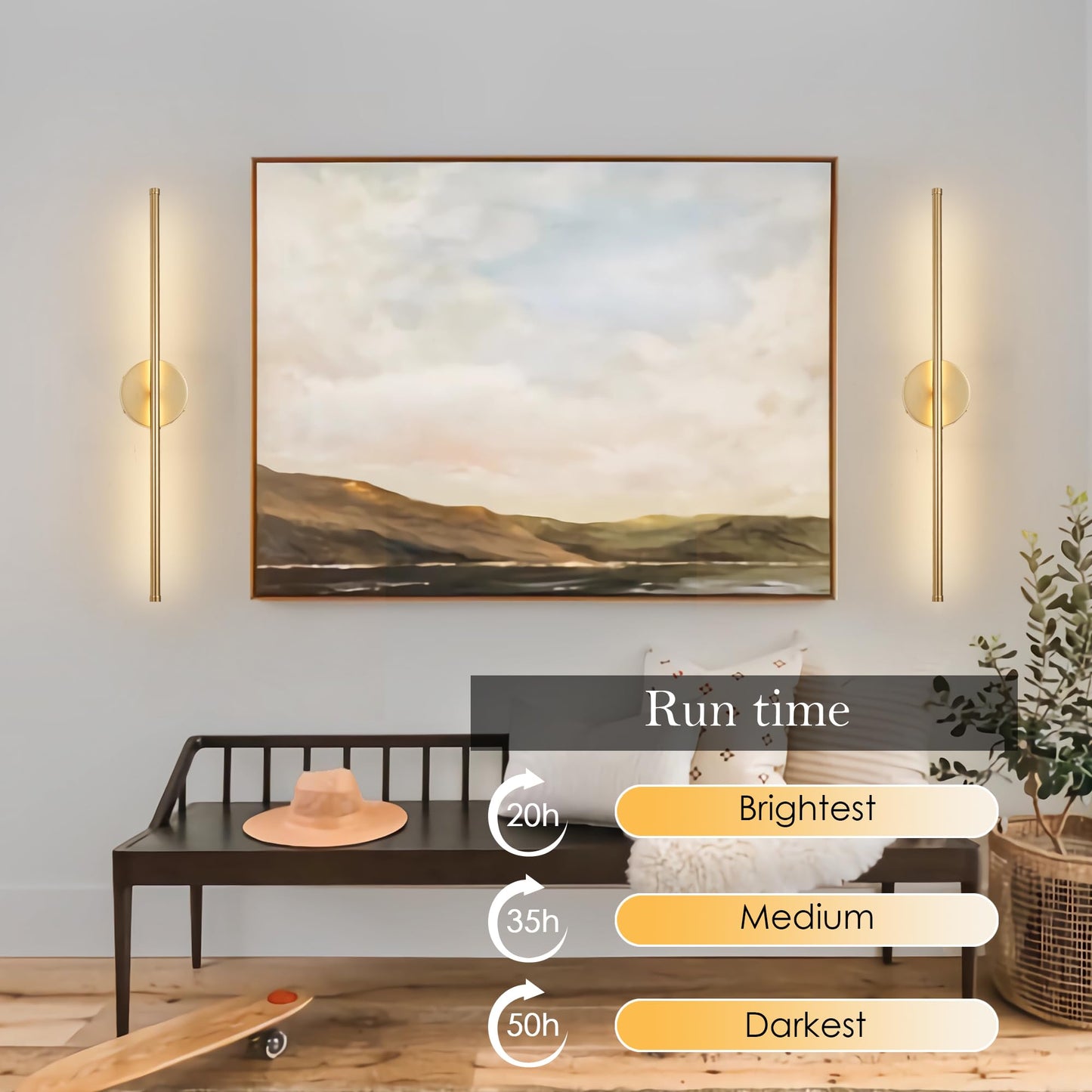 KARTOOSH Battery Operated Wall Sconces with Remote Control, Dimmable Wall Sconces Set of Two, 350°Rotate, 3000K LED Gold Wireless Wall Light for Living Room, Bedroom, Hallway, 28.3 Inch (2 Pack)