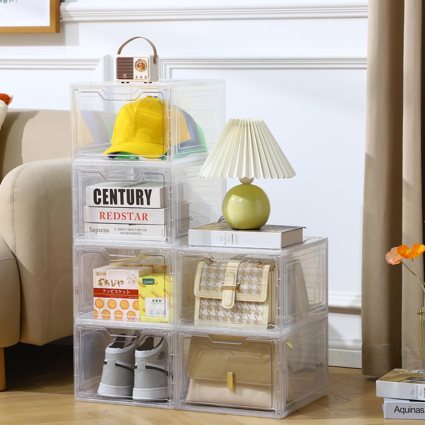 Freebat 6 Pack Closet Organizers and Storage,Clear Stackable Plastic Storage Bins with Lids Magnetic Doors,Clothes Organizers and Storage,Plastic Craft Containers for Wardrobe Kitchen Bathroom Office
