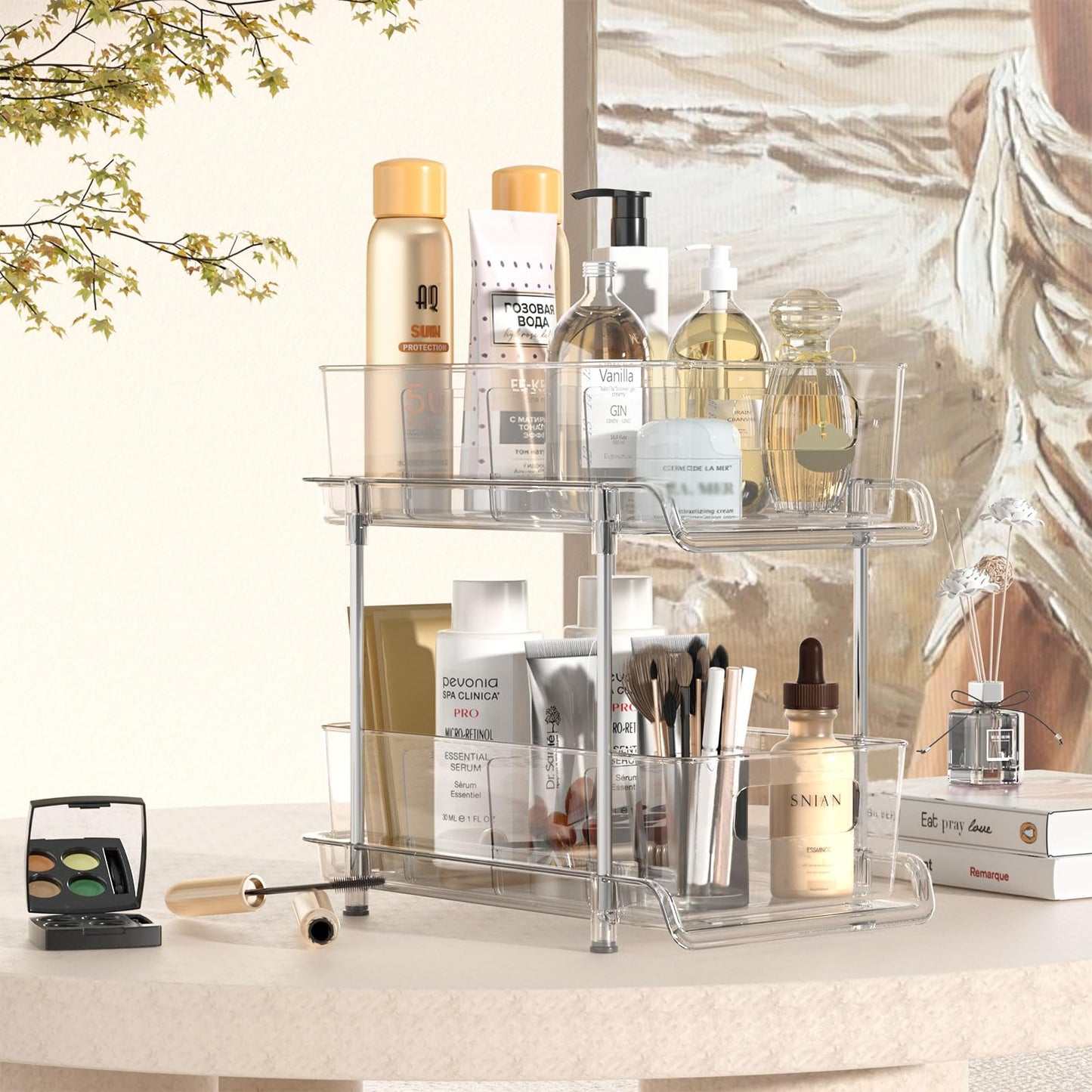 HIHEGD 2-Tier Bathroom Organizer with Dividers, Clear Under Sink and Pull-Out Cabinet Organizer for Kitchen and Pantry Storage
