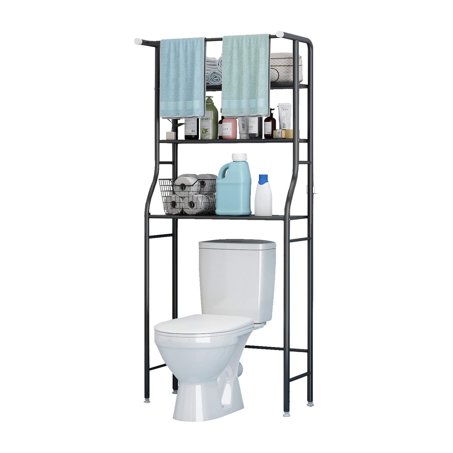 UDEAR 3-Tier Over The Toilet Rack,Bathroom Shelf Space Saver,Corner Stand Storage Organizer Accessories,The Washing Machine,with Hanging Rod,Tower Shelf,Black