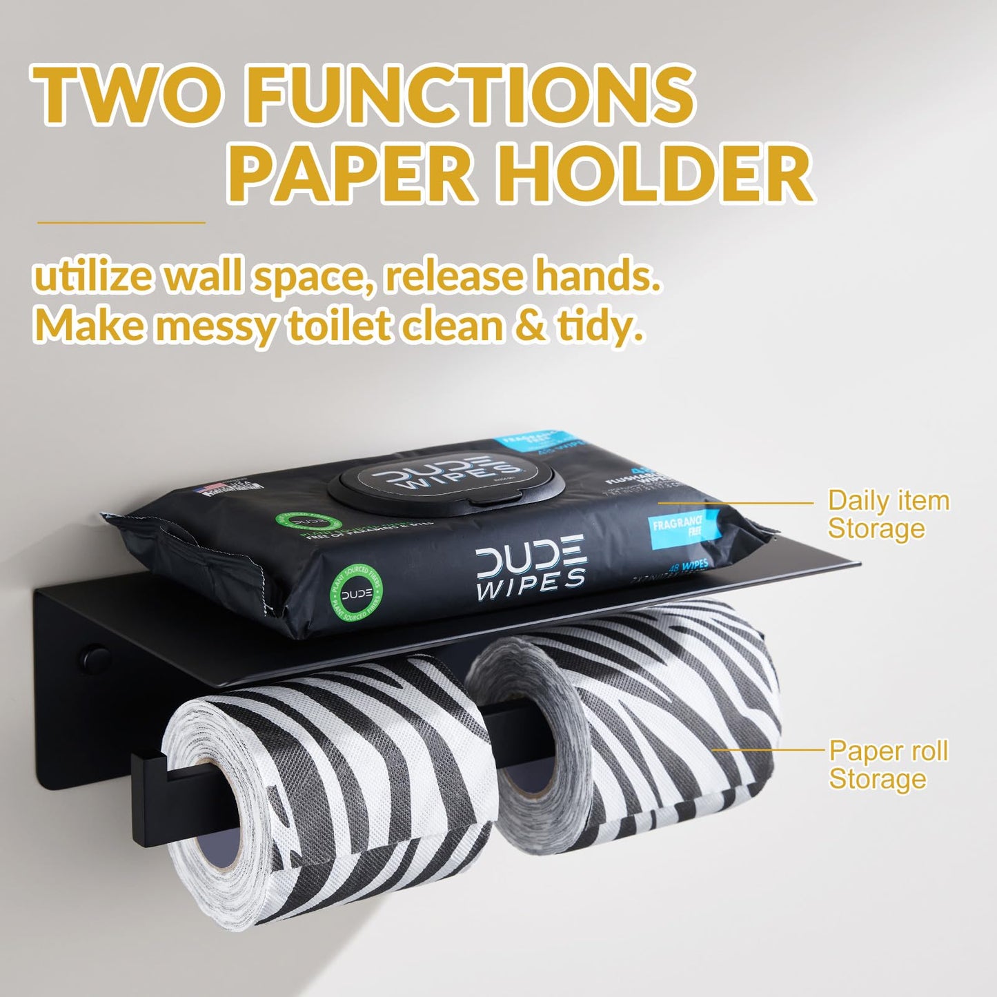 APLusee Matte Black Double Toilet Paper Holder with Shelf, 304 Stainless Steel Bathroom Tissue Roll Holder, Commercial Paper Dispenser Wall Mounted