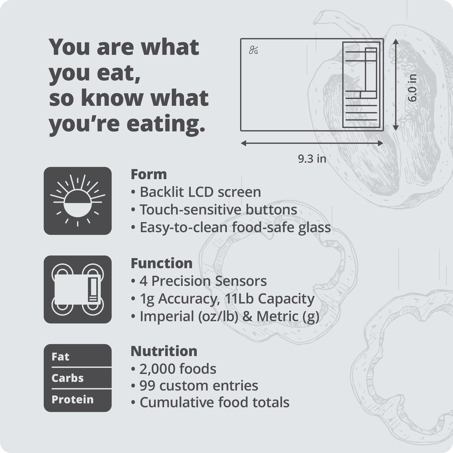 Greater Goods Nutrition Scale (Non‑Connected) – Food Grade Glass, 2,000 Food Codes Preloaded, Compact (9.33"x6.02"x0.91") for Portion Control & Meal Prep