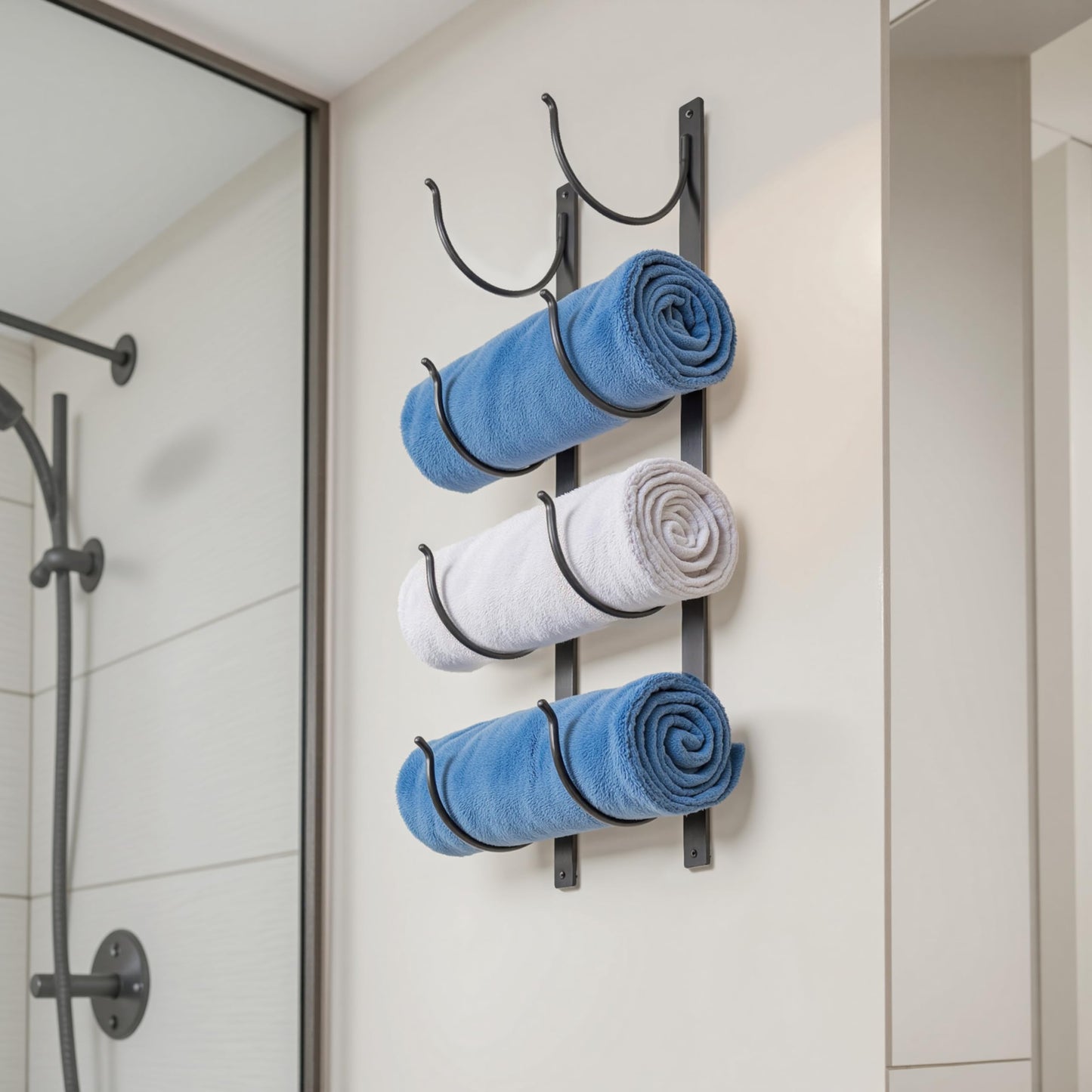 Bathroom Rolled Towel Rack: 4-Tier Wall Mounted Towel Storage Holder, Hanging Organizer for Towels, Blankets, Large Bath Sheets, Space Saving in RV, Closet, Toilet, Cabinet, Black Metal