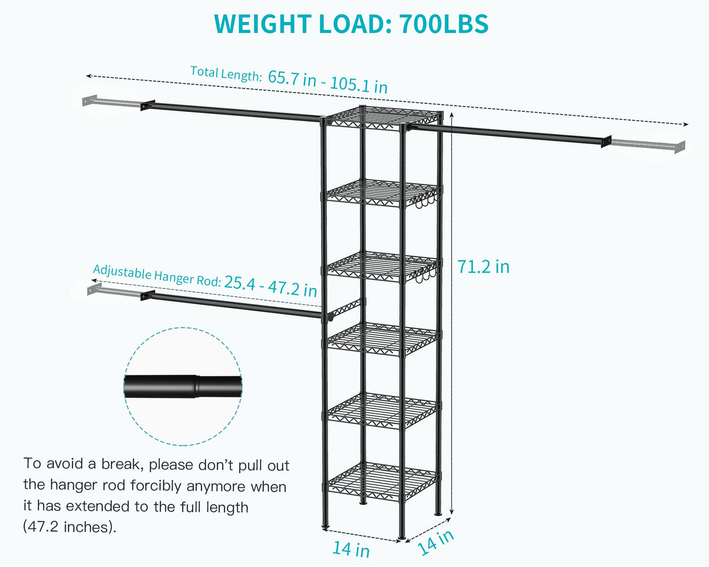 Ulif M1 Closet Storage Organizer System, 6 Tiers Heavy Duty Metal Garment Rack with 3 Expandable Hanger Rods, Wall Mounted Space Saver Suits from 5.4-8.7 ft. Width, 71.2”H x 14”D, 700LBS, Black