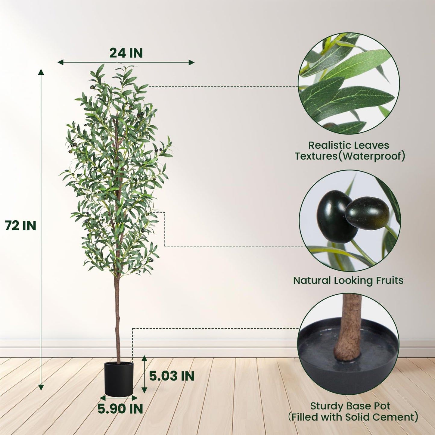 CETRD Artificial Olive Tree, 6FT Tall Faux Olive Trees 72in Outdoor Fake Potted Silk Plant with Trunk and Realistic 648 Leaves and 24 Fruits for Modern Office Home Decor Indoor(1pack)