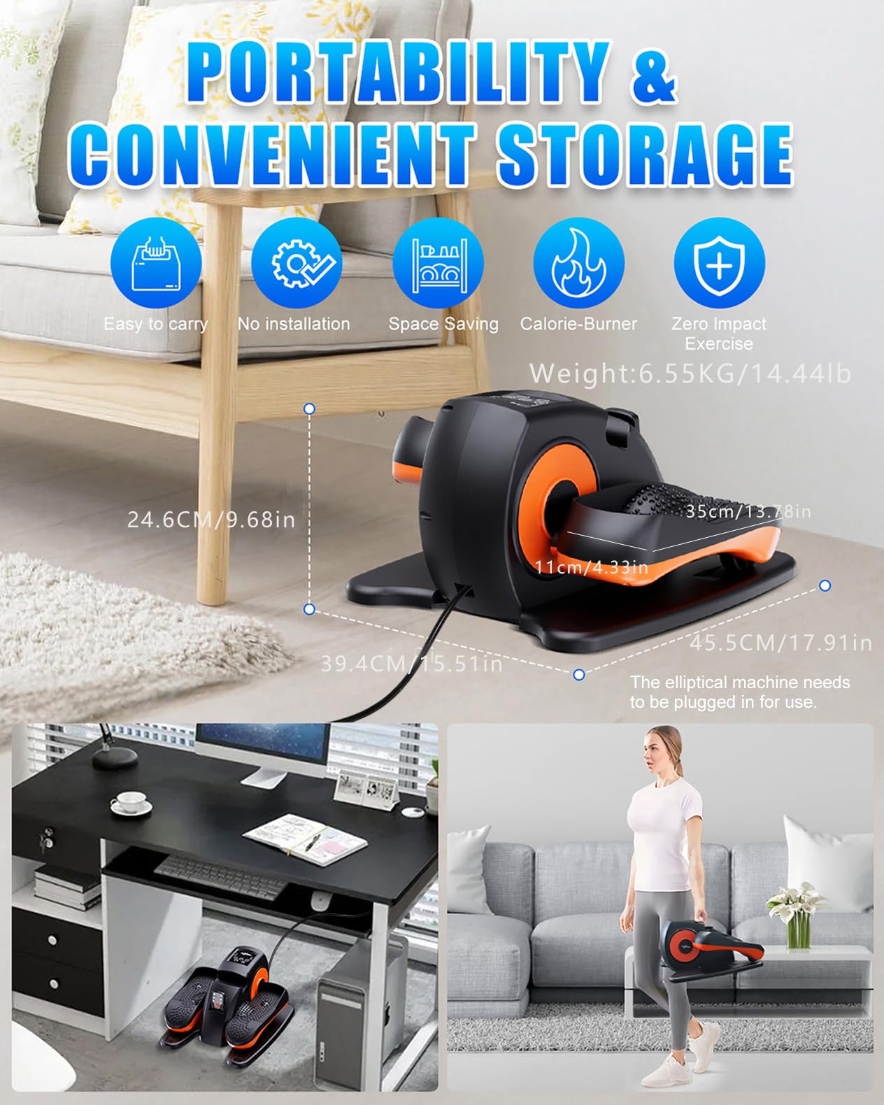 Under Desk Elliptical Machine, Electric Ellipse Leg Exerciser as Seen on Tv for Seniors with 12 Adjustable, Portable Quiet Elliptical Machine, Seated Pedal Exerciser with Remote Control (Orange)
