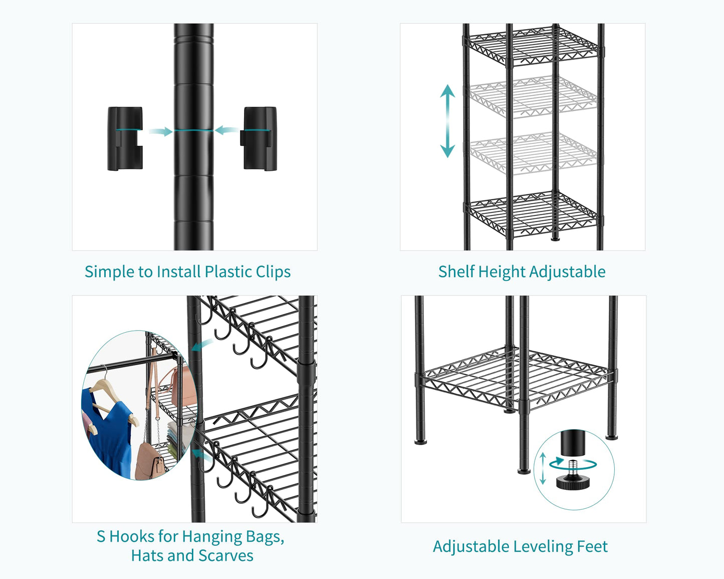 Ulif M1 Closet Storage Organizer System, 6 Tiers Heavy Duty Metal Garment Rack with 3 Expandable Hanger Rods, Wall Mounted Space Saver Suits from 5.4-8.7 ft. Width, 71.2”H x 14”D, 700LBS, Black