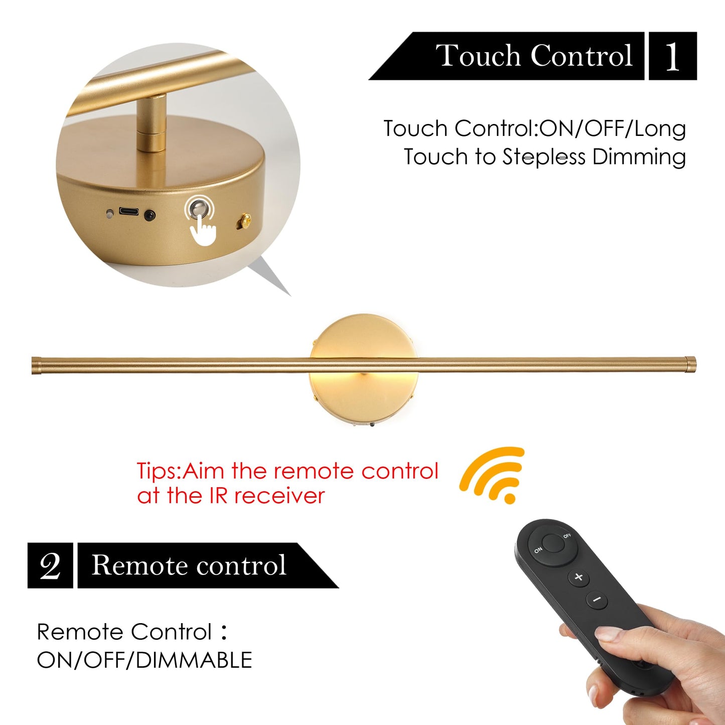 KARTOOSH Battery Operated Wall Sconces with Remote Control, Dimmable Wall Sconces Set of Two, 350°Rotate, 3000K LED Gold Wireless Wall Light for Living Room, Bedroom, Hallway, 28.3 Inch (2 Pack)
