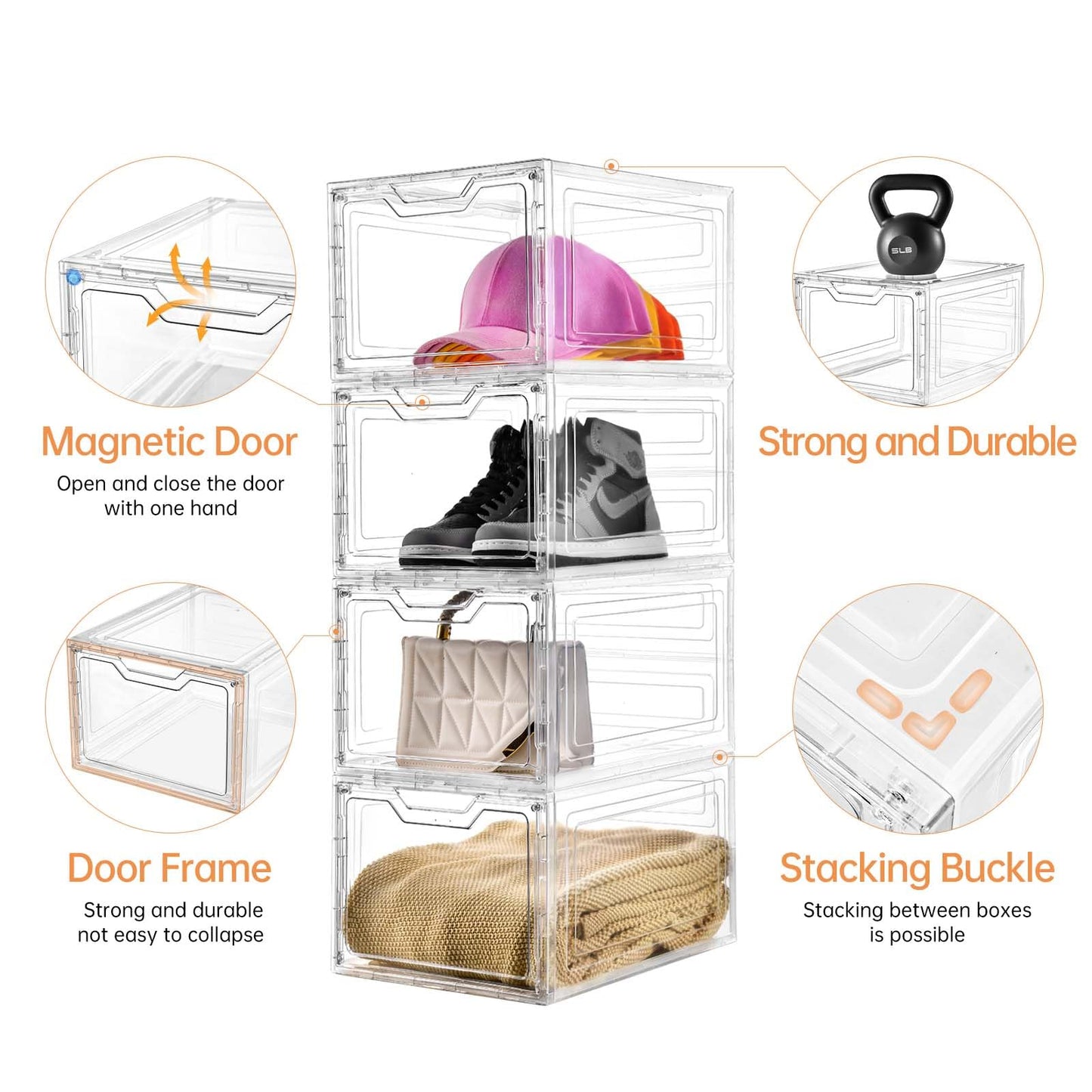 Freebat 6 Pack Closet Organizers and Storage,Clear Stackable Plastic Storage Bins with Lids Magnetic Doors,Clothes Organizers and Storage,Plastic Craft Containers for Wardrobe Kitchen Bathroom Office