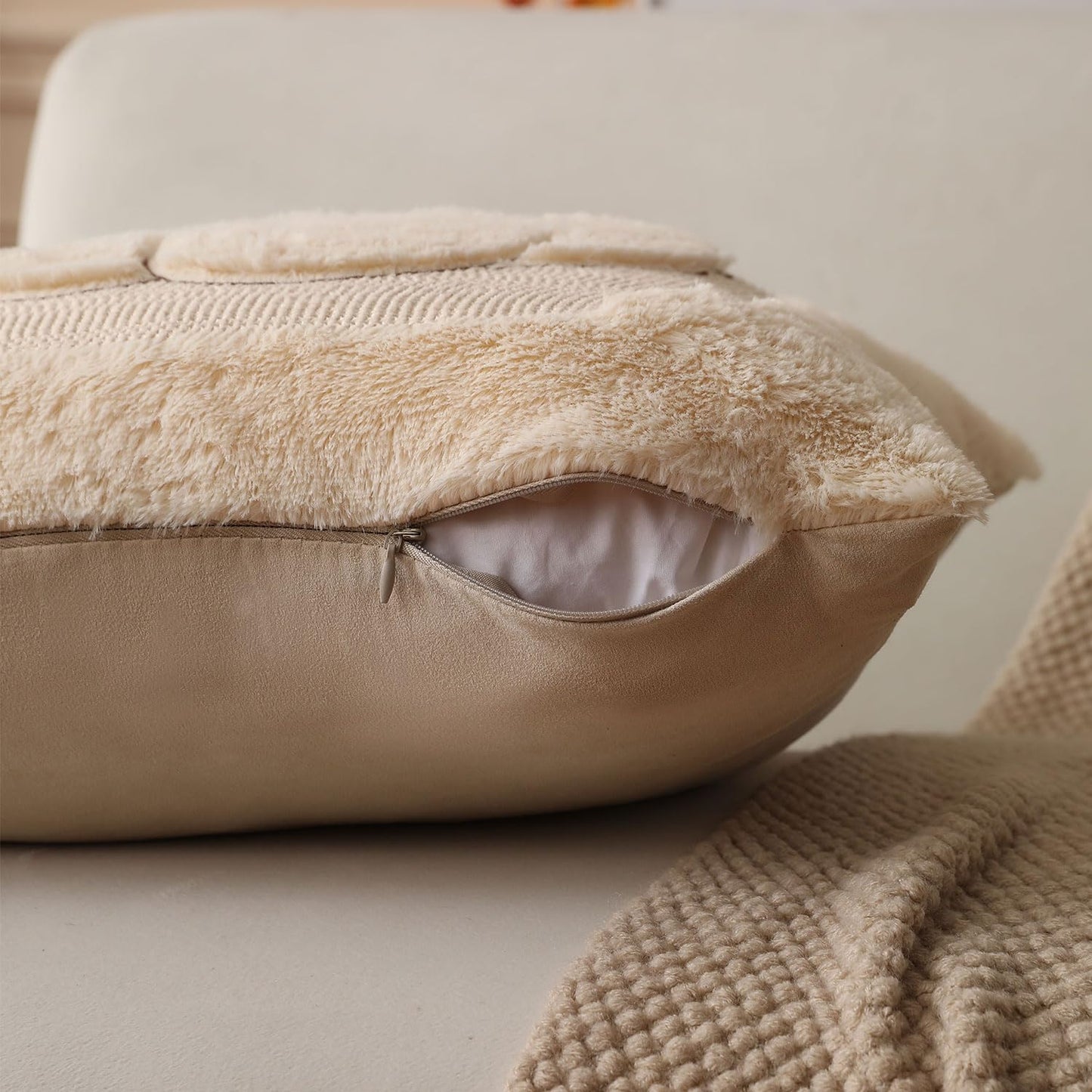 Allorry Fall Pillow Covers 18x18 Set of 2 Fall Beige Pumpkin Embroidery Throw Pillow Covers Soft Plush Faux Fur Cushion Covers for Sofa Bedroom Living Room Autumn Thanksgiving Home Decor PT-010A18