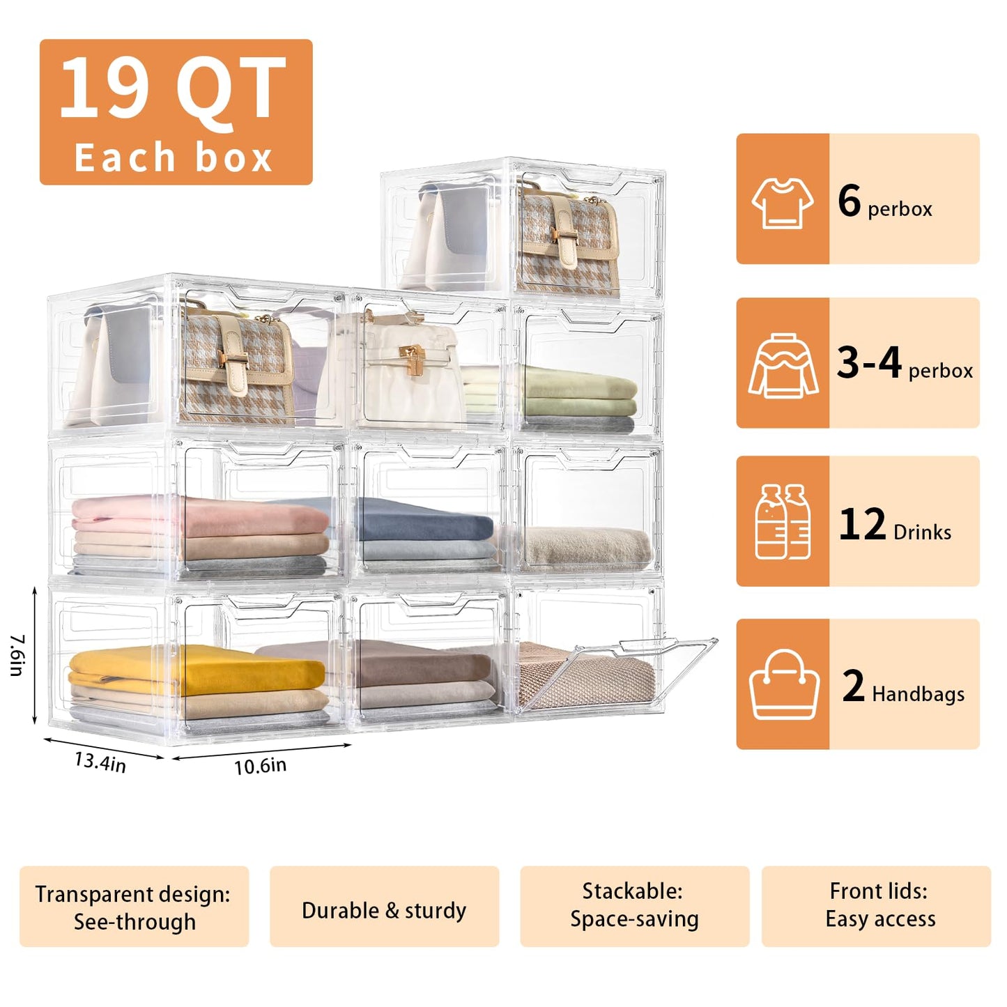 Freebat 6 Pack Closet Organizers and Storage,Clear Stackable Plastic Storage Bins with Lids Magnetic Doors,Clothes Organizers and Storage,Plastic Craft Containers for Wardrobe Kitchen Bathroom Office