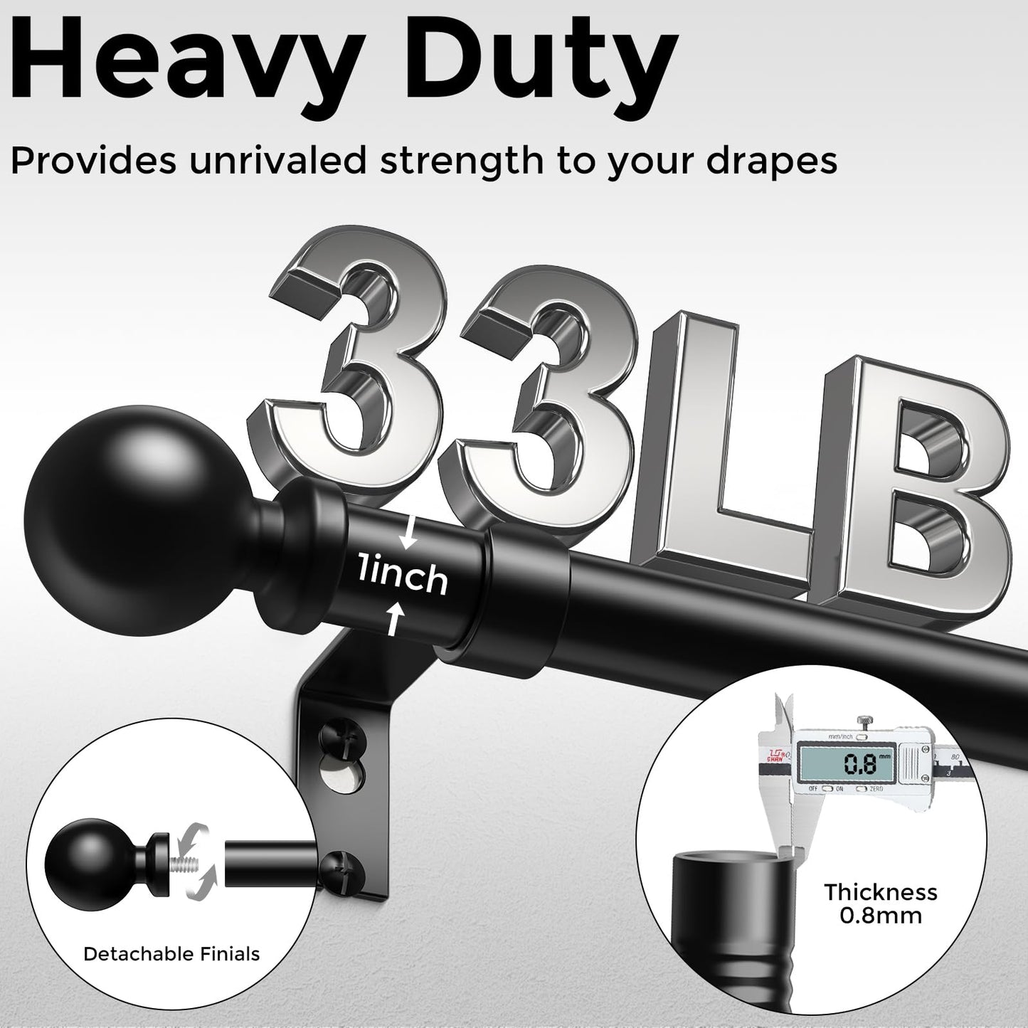 Black Curtain Rods for Windows 48 to 84 Inch, Adjustable Heavy Duty 1" Diameter Decorative Curtain Rod with Matte Black Round Finials, Modern Easy Install Extendable Metal Drapery Pole Set