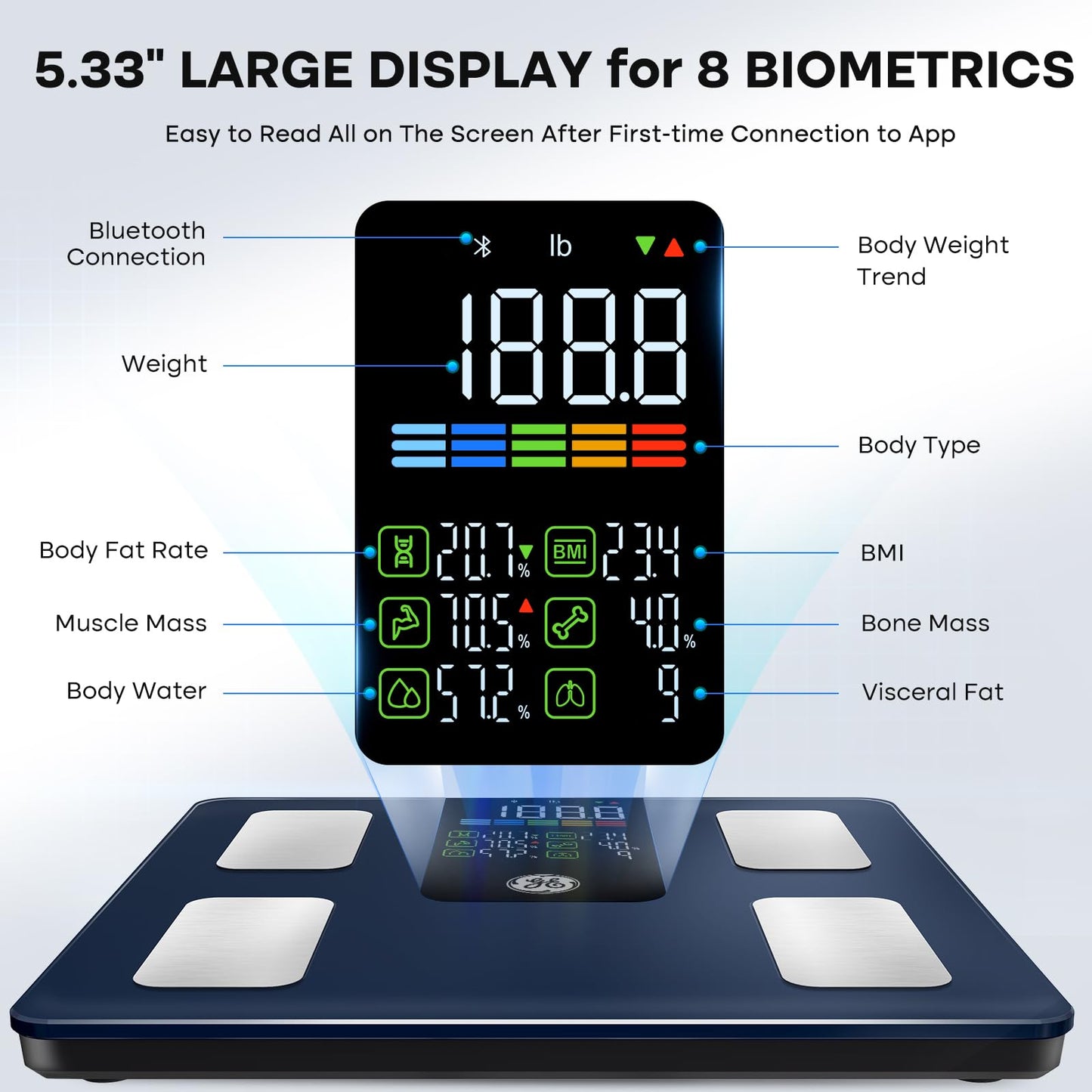 GE Scale for Body Weight Smart: Digital Bathroom Body Fat Scales 500lbs for BMI Muscle Bluetooth Smart Weight Monitor 11.8" Large Platform Weighing Machine Health Analyzer with App Dark Blue