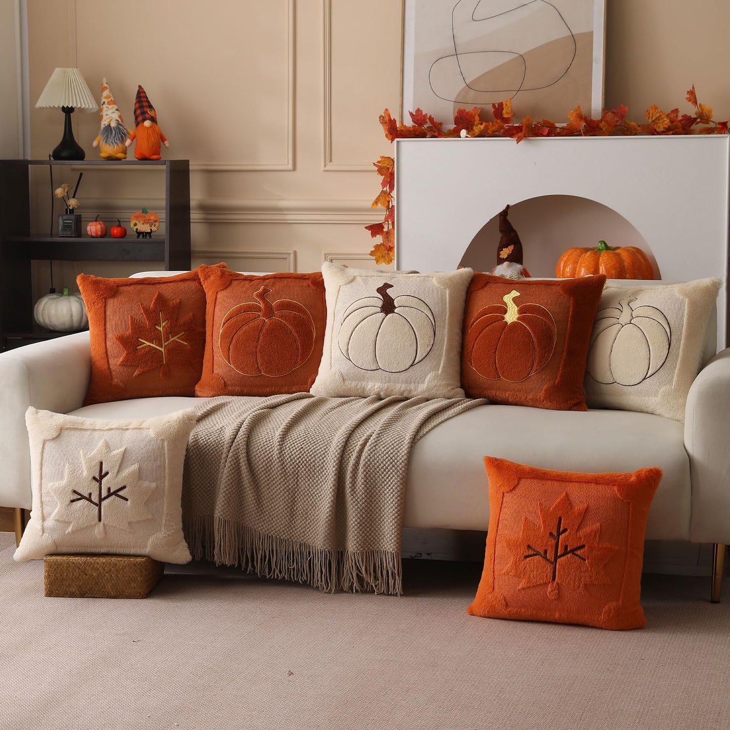 Allorry Fall Pillow Covers 18x18 Set of 2 Fall Beige Pumpkin Embroidery Throw Pillow Covers Soft Plush Faux Fur Cushion Covers for Sofa Bedroom Living Room Autumn Thanksgiving Home Decor PT-010A18