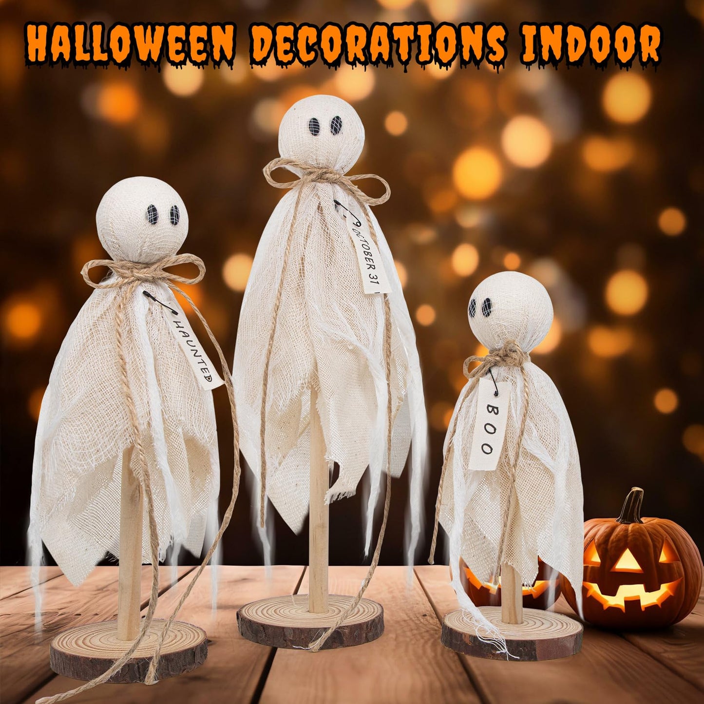Wooden Ghost Halloween Decorations Indoor– Set of 3 Sizes Rustic Shelf Sitters with Fabric Ghost Figures – Halloween Table Decor for Tiered Tray, Mantel, Halloween Party Supplies(White)