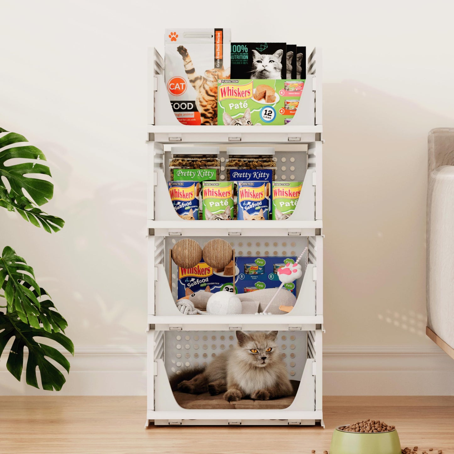 Pinkpum Stackable Plastic Storage Basket, Foldable Closet Organizers and Storage Bins 4 Pack Drawer Shelf Storage Container for Wardrobe Kitchen Bathroom Office Dorm White