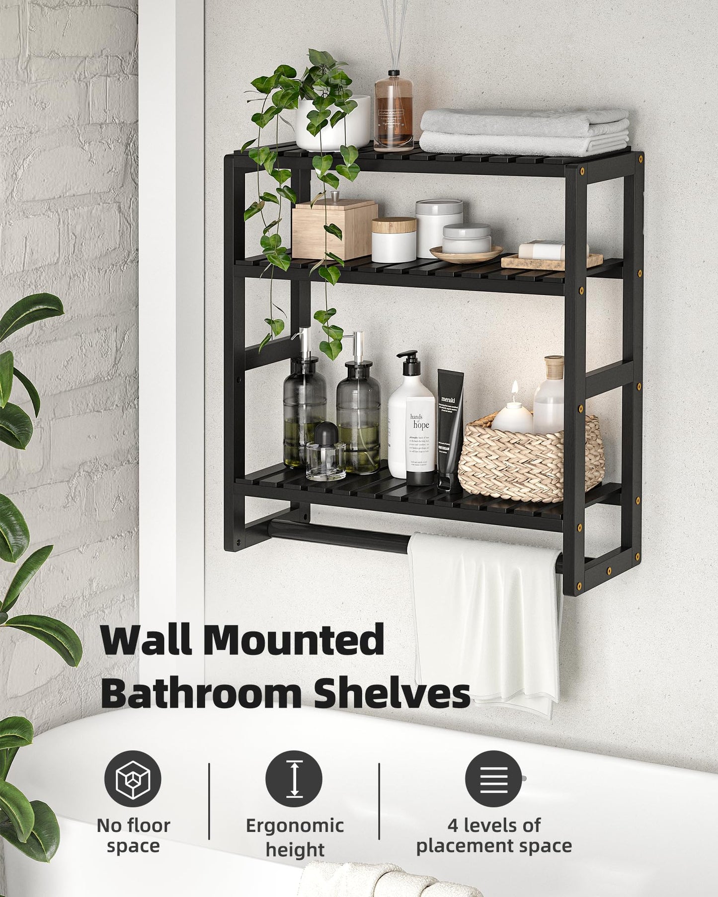 Galood Over The Toilet Storage Bathroom Shelves Wall Mounted 3 Tier Space Saver Corner Shelf Organizer Bamboo Towel Rack Toilet Paper Cabinet with Hanging Rod Black