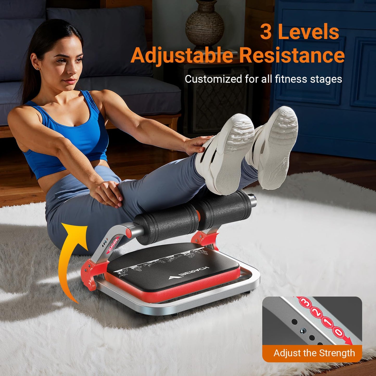 MERACH Ab Machine for Home Gym, Adjustable Ab Trainer with 3 Resistance Levels, Sit Up Exercise Equipment for Core Workout, Automatic Rebound Ab Crunch Machine, Ab Workout Equipment for Stomach(Red)