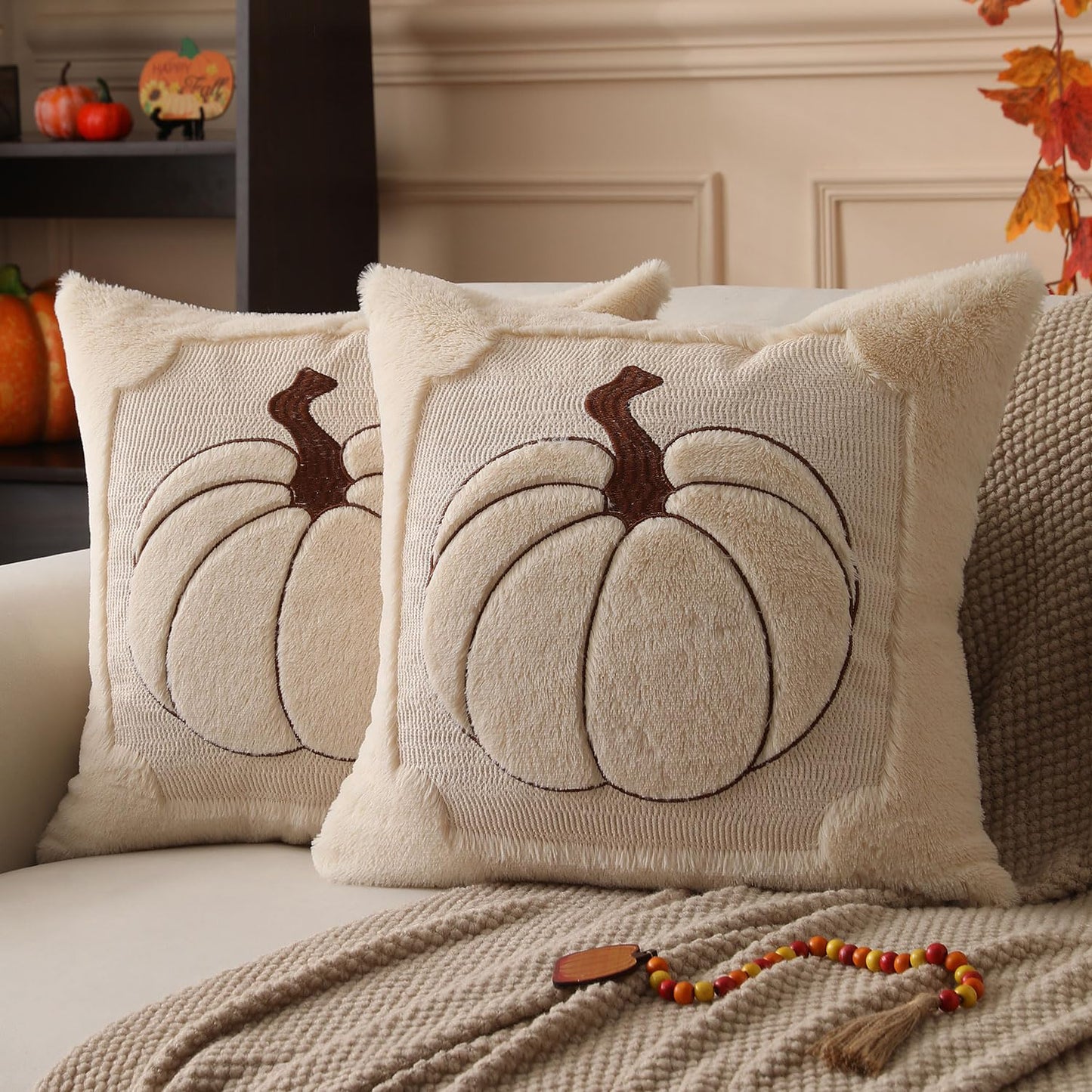 Allorry Fall Pillow Covers 18x18 Set of 2 Fall Beige Pumpkin Embroidery Throw Pillow Covers Soft Plush Faux Fur Cushion Covers for Sofa Bedroom Living Room Autumn Thanksgiving Home Decor PT-010A18