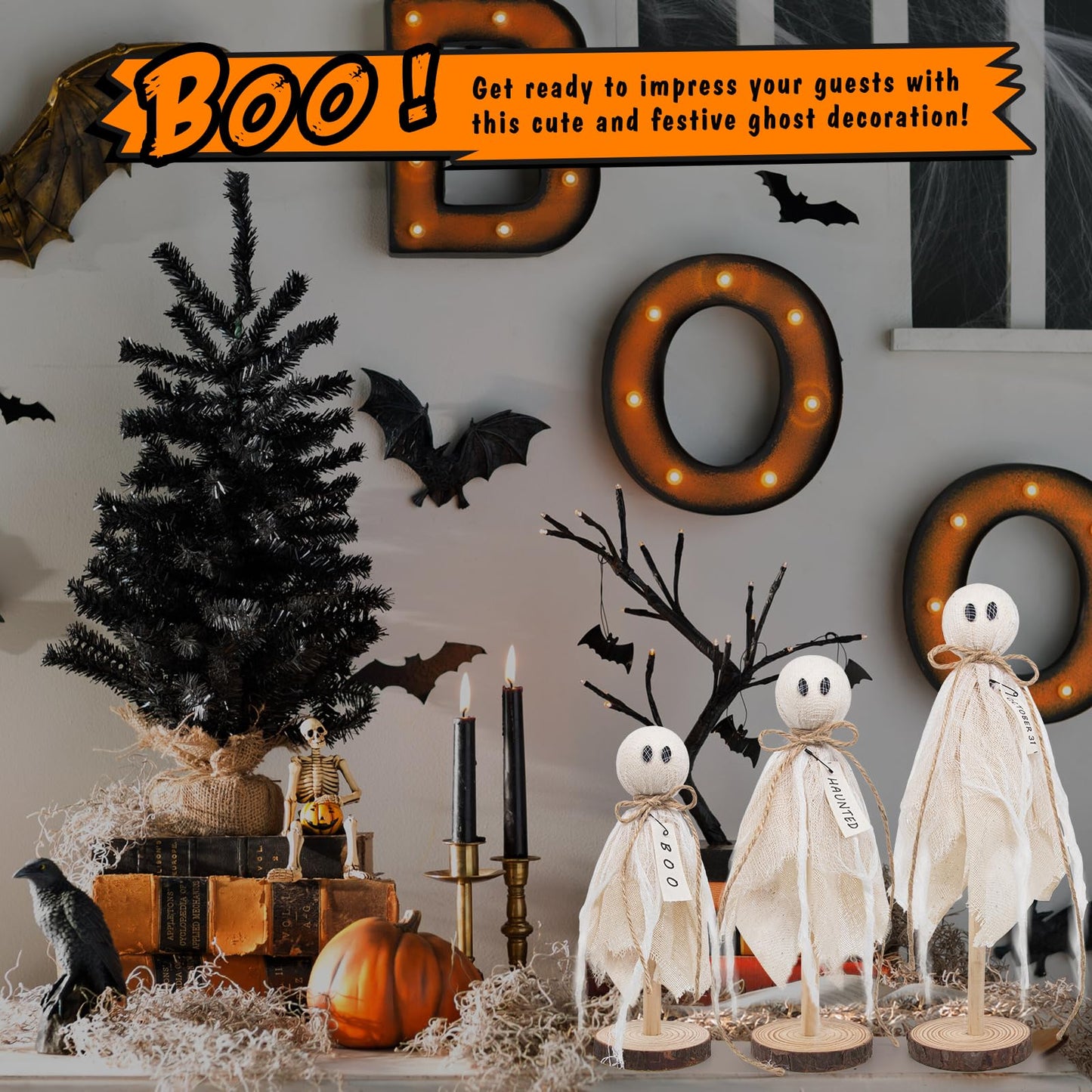 Wooden Ghost Halloween Decorations Indoor– Set of 3 Sizes Rustic Shelf Sitters with Fabric Ghost Figures – Halloween Table Decor for Tiered Tray, Mantel, Halloween Party Supplies(White)