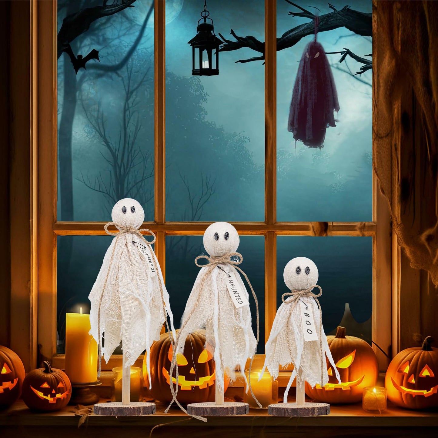Wooden Ghost Halloween Decorations Indoor– Set of 3 Sizes Rustic Shelf Sitters with Fabric Ghost Figures – Halloween Table Decor for Tiered Tray, Mantel, Halloween Party Supplies(White)