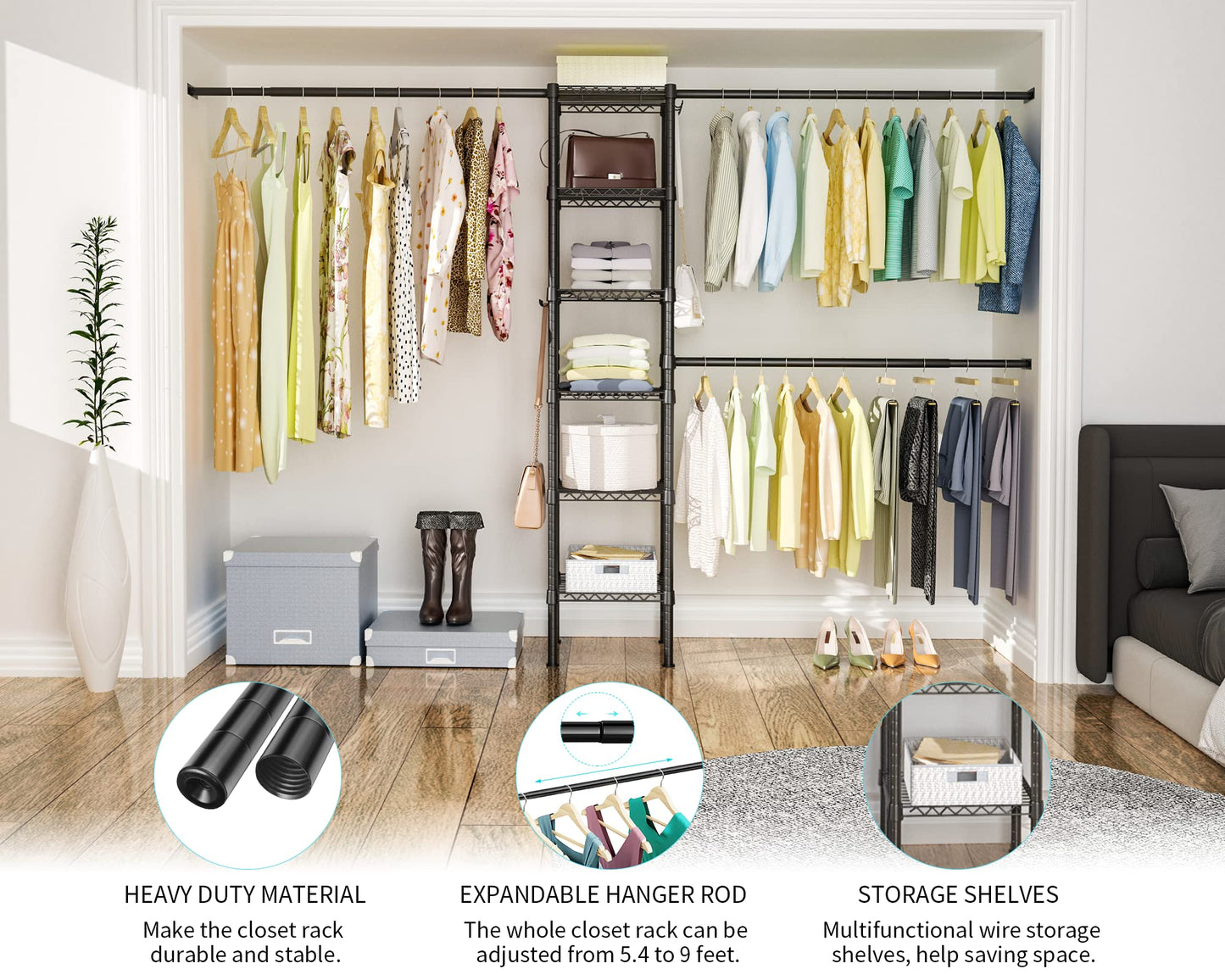 Ulif M1 Closet Storage Organizer System, 6 Tiers Heavy Duty Metal Garment Rack with 3 Expandable Hanger Rods, Wall Mounted Space Saver Suits from 5.4-8.7 ft. Width, 71.2”H x 14”D, 700LBS, Black