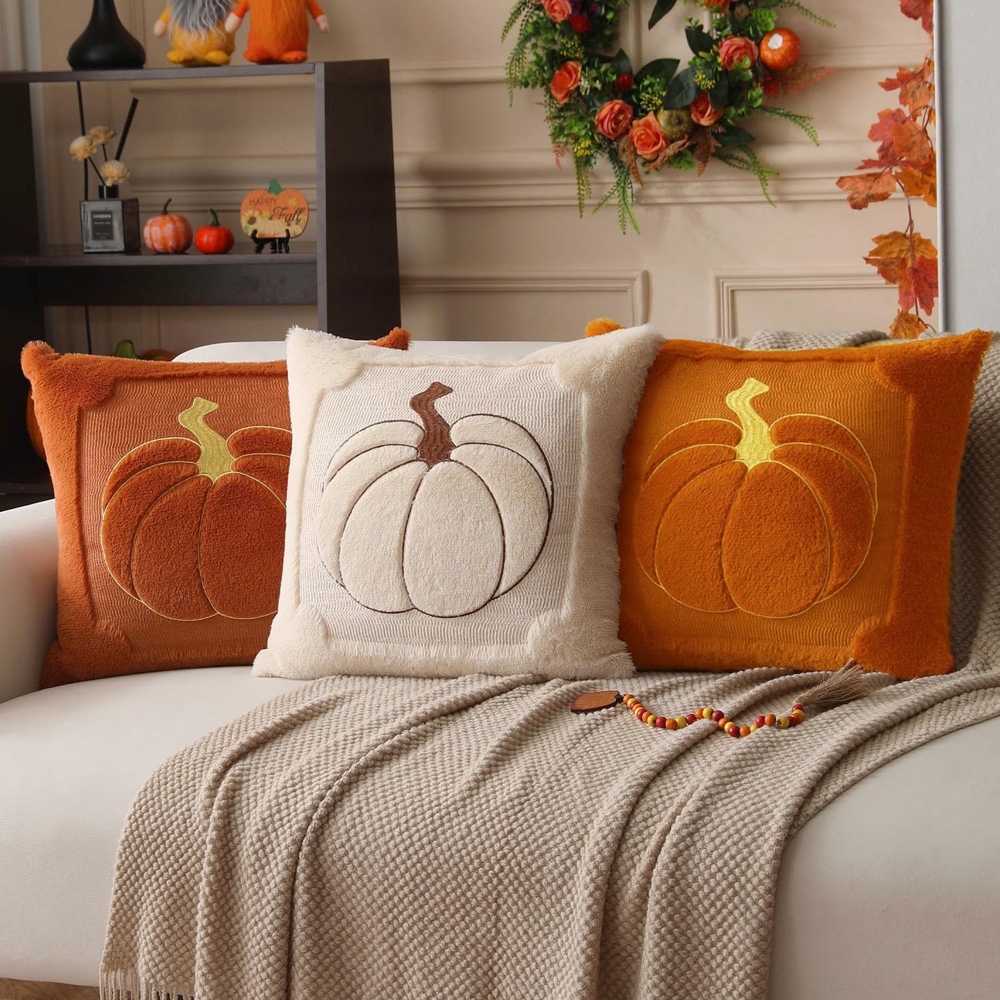 Allorry Fall Pillow Covers 18x18 Set of 2 Fall Beige Pumpkin Embroidery Throw Pillow Covers Soft Plush Faux Fur Cushion Covers for Sofa Bedroom Living Room Autumn Thanksgiving Home Decor PT-010A18