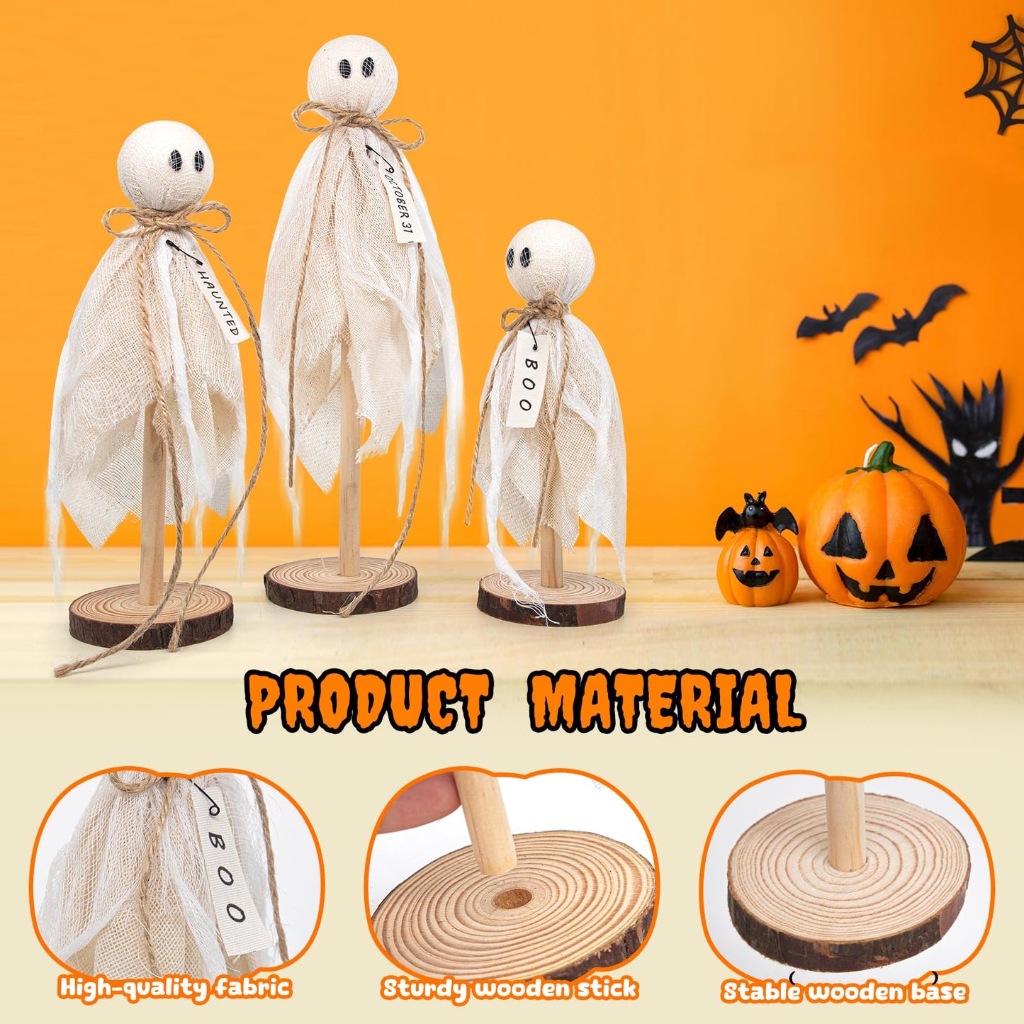 Wooden Ghost Halloween Decorations Indoor– Set of 3 Sizes Rustic Shelf Sitters with Fabric Ghost Figures – Halloween Table Decor for Tiered Tray, Mantel, Halloween Party Supplies(White)