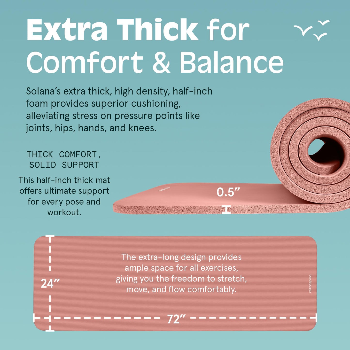 Retrospec Solana Yoga Mat 1/2" Thick w/Nylon Strap for Men & Women - Non Slip Excercise Mat for Yoga, Pilates, Stretching, Floor & Fitness Workouts, Rose
