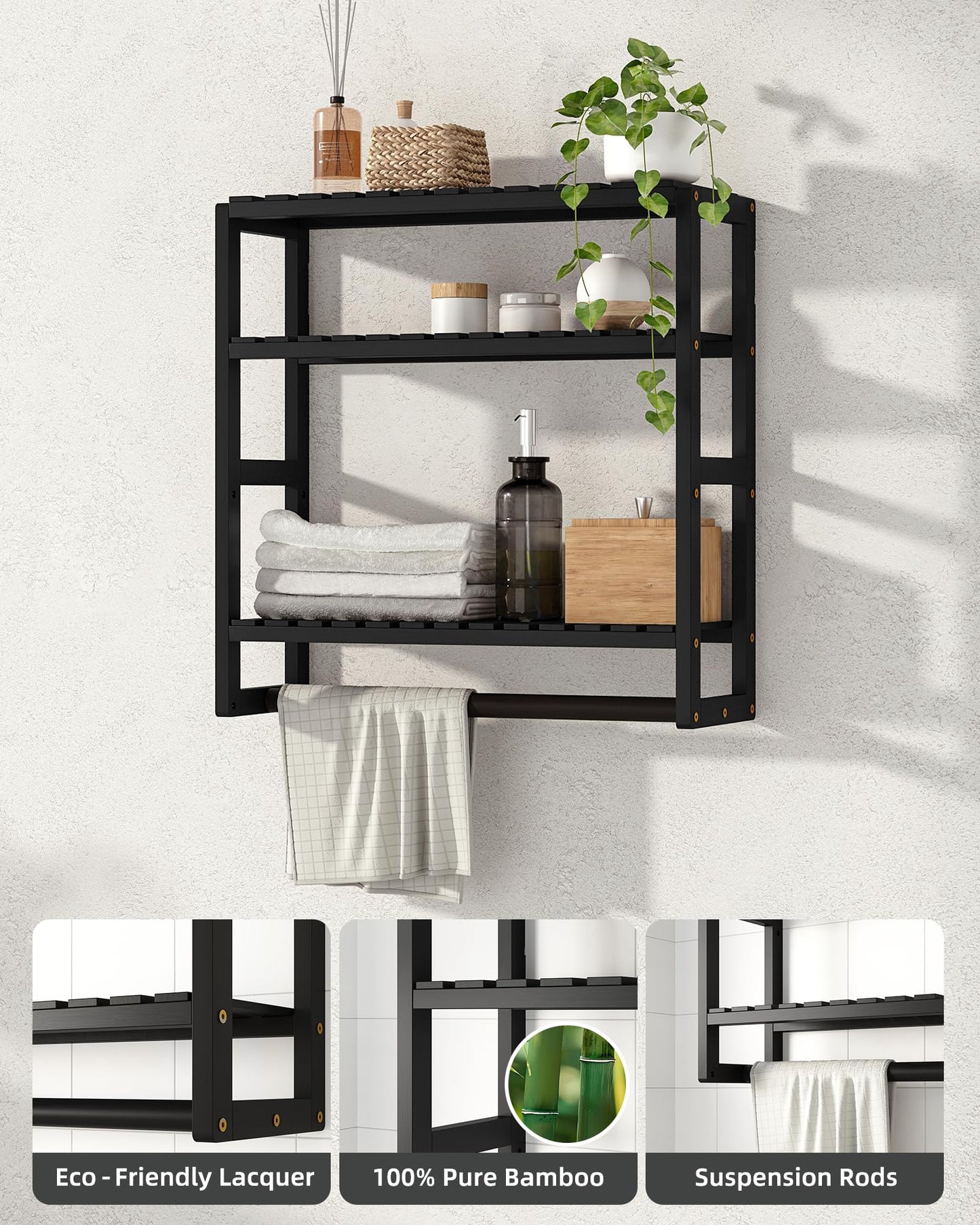 Galood Over The Toilet Storage Bathroom Shelves Wall Mounted 3 Tier Space Saver Corner Shelf Organizer Bamboo Towel Rack Toilet Paper Cabinet with Hanging Rod Black