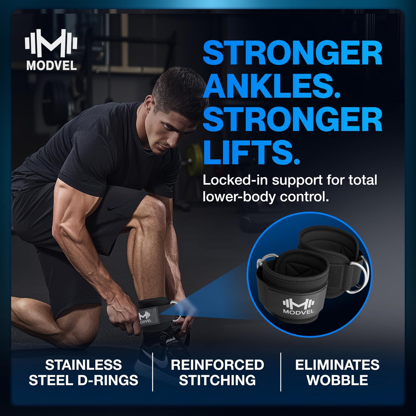 Modvel Ankle Straps for Cable Machines - Adjustable, Comfortable Gym Accessories for Strength Training, Weightlifting, and Injury Recovery - Durable Padded Support for Men & Women PAIR - Black