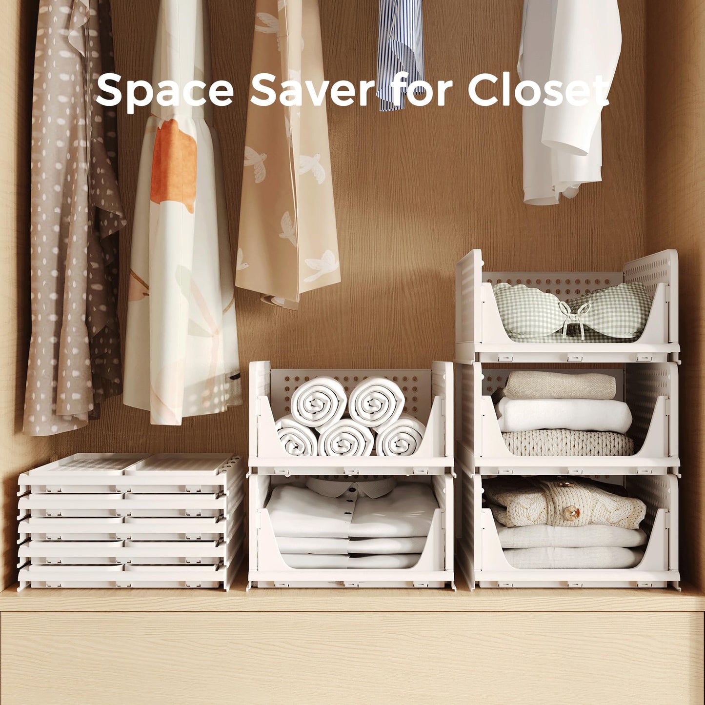 Pinkpum Stackable Plastic Storage Basket, Foldable Closet Organizers and Storage Bins 4 Pack Drawer Shelf Storage Container for Wardrobe Kitchen Bathroom Office Dorm White