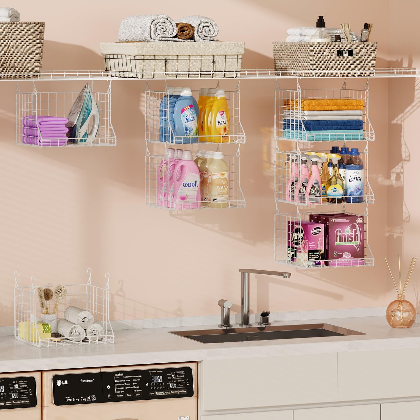 3-Tier Foldable Laundry Basket Organizer with Rotating Hooks - Space-Saving Over Washer and Dryer Shelf for Laundry Room Organization and Storage, Durable Wire Shelving Unit, White