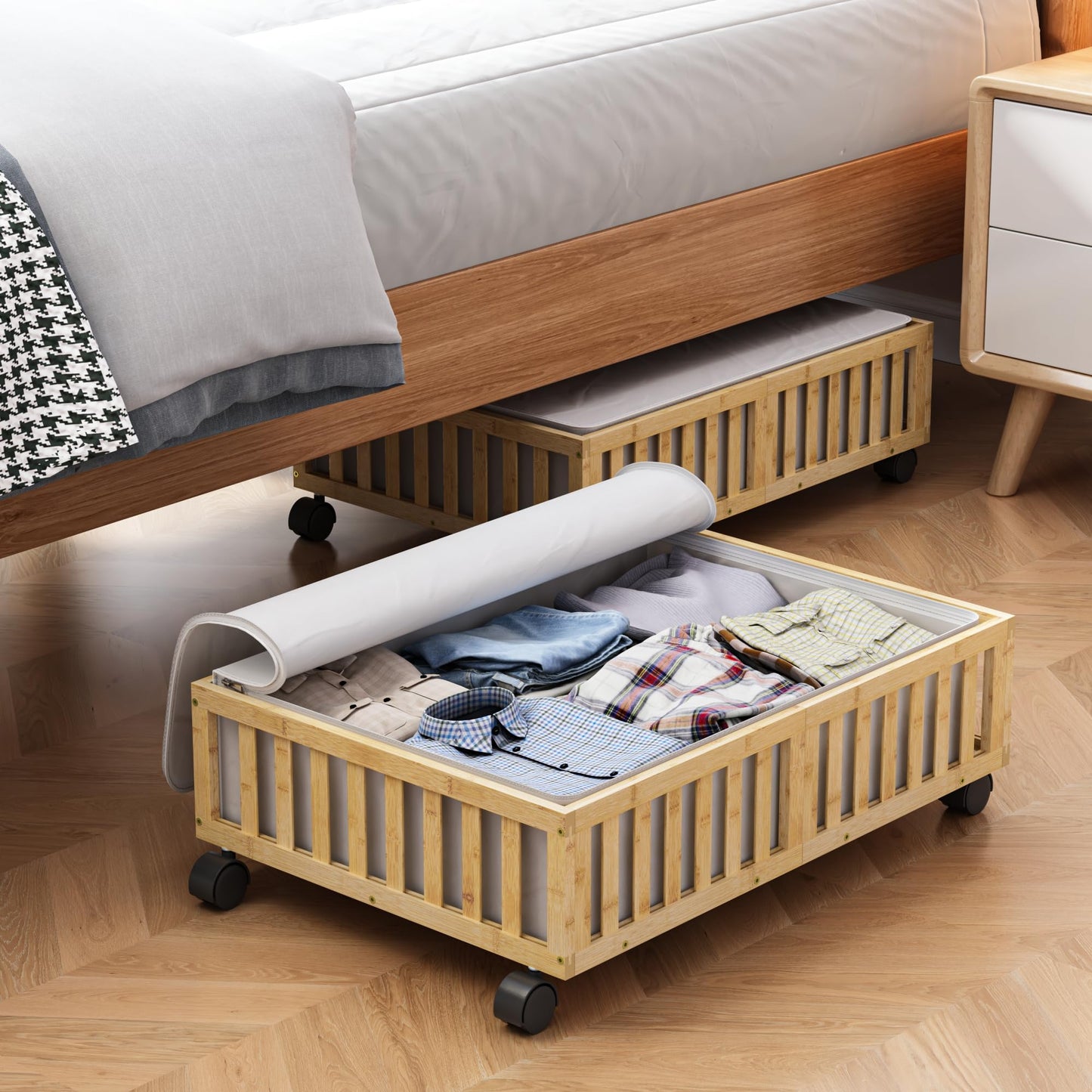 Bamboo Under Bed Storage Containers with Wheels, 2 Pack Under the Bed Shoe Storage Bins, Wood Rolling Underbed Drawers with Bag Organizer for Bedroom, Sheets Clothes Blanket Comforter, Under Crib Toy