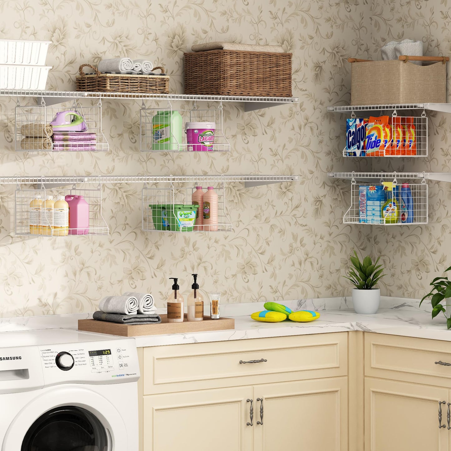 3-Tier Foldable Laundry Basket Organizer with Rotating Hooks - Space-Saving Over Washer and Dryer Shelf for Laundry Room Organization and Storage, Durable Wire Shelving Unit, White